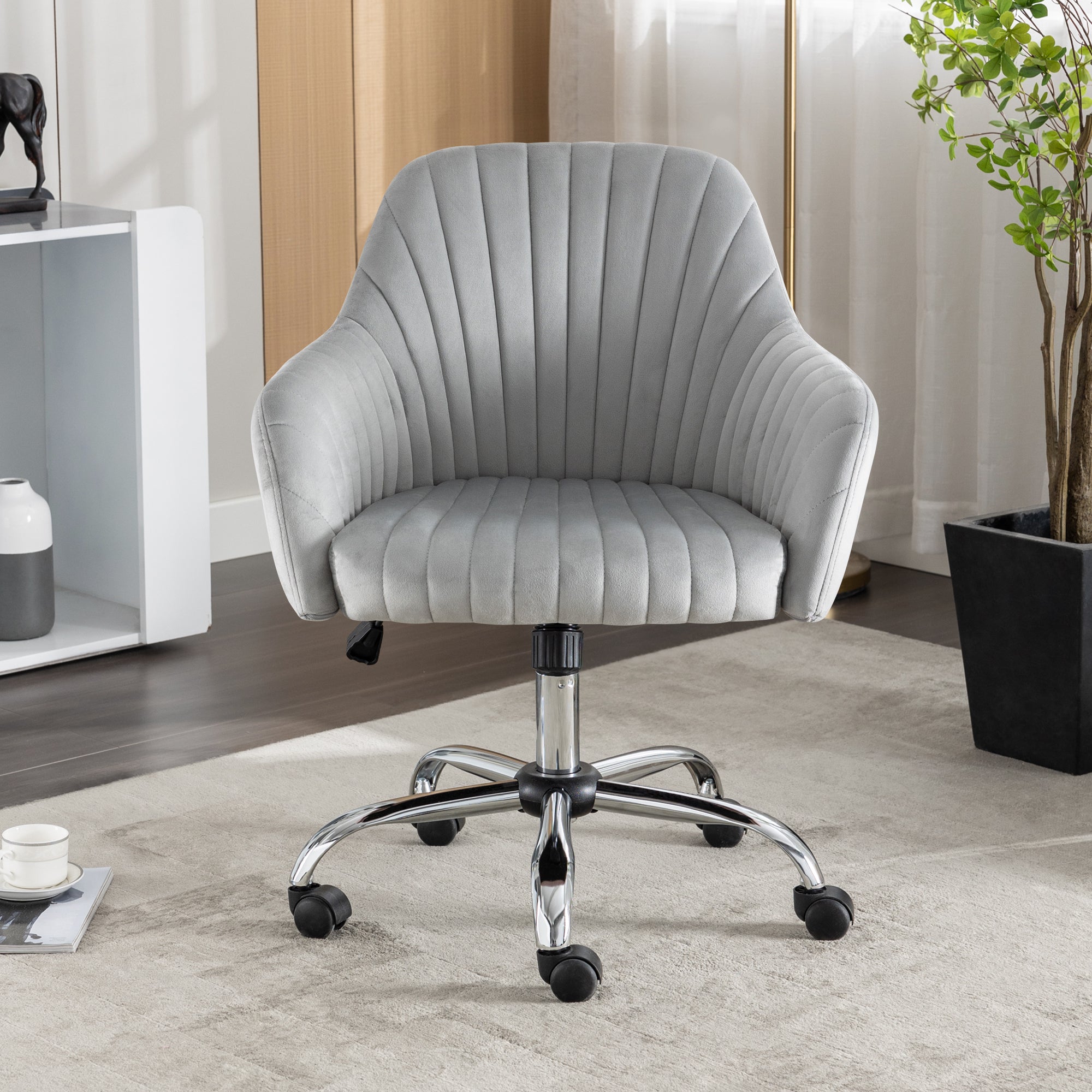 Accent Chair Modern Home Office Leisure Chair With Adjustable Velvet Height And Adjustable Casters Lightgray Light Gray Cotton Velvet