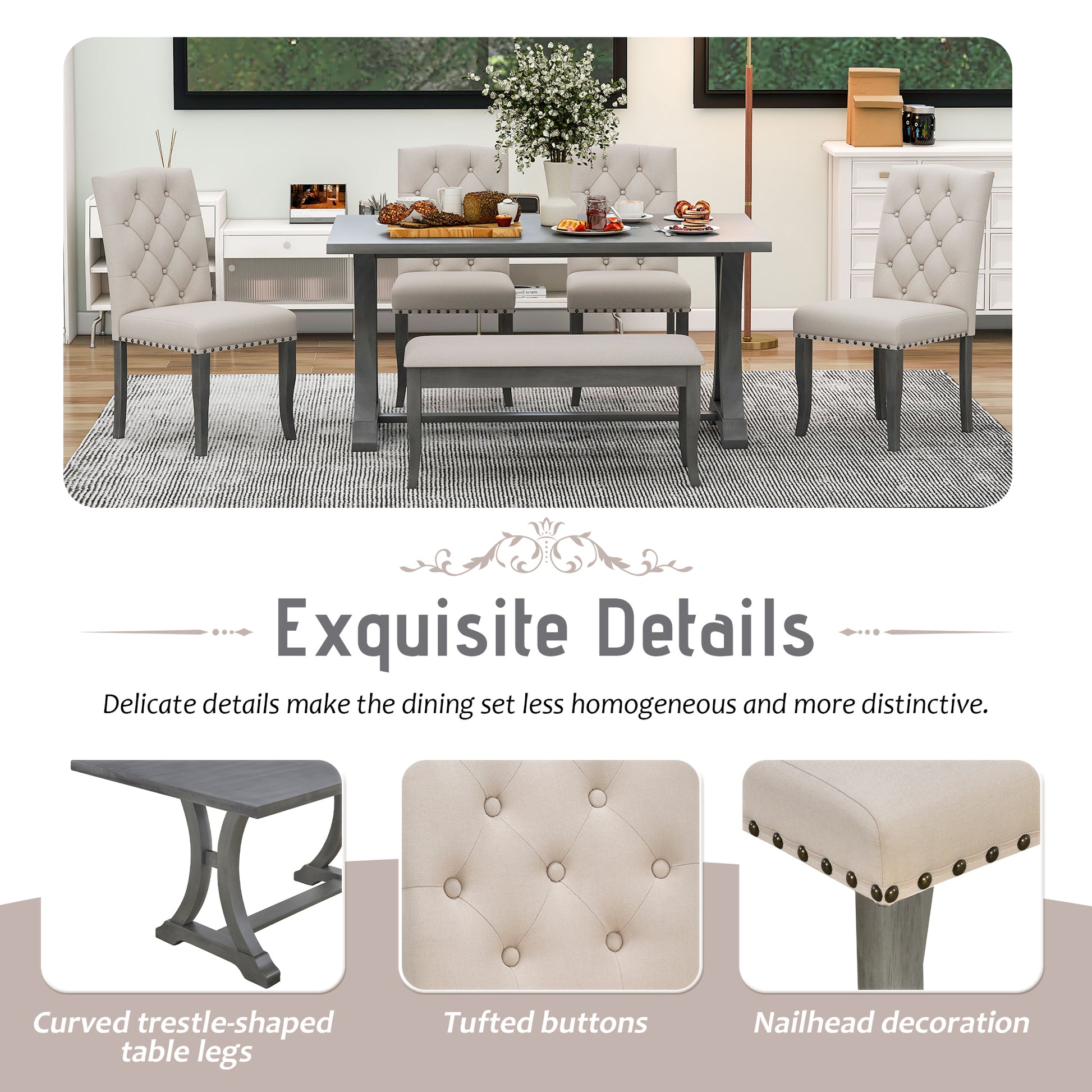 6 Piece Farmhouse Dining Table Set, Rectangular Trestle Table And 4 Upholstered Chairs & Bench For Dining Room Antique Gray Antique Gray Solid Wood