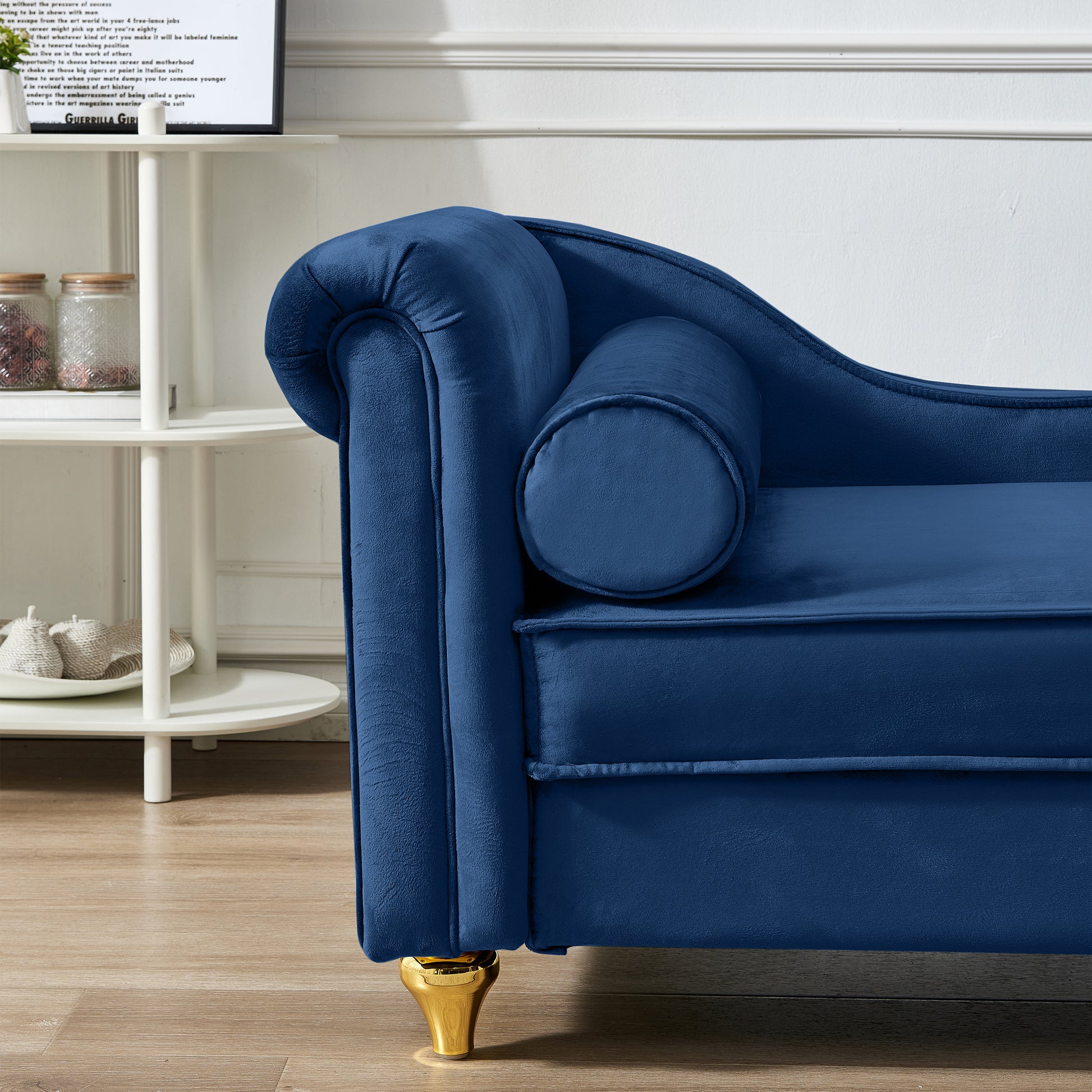 Modern Upholstery Chaise Lounge Chair With Storage Velvet Navy Blue Navy Blue Foam Velvet