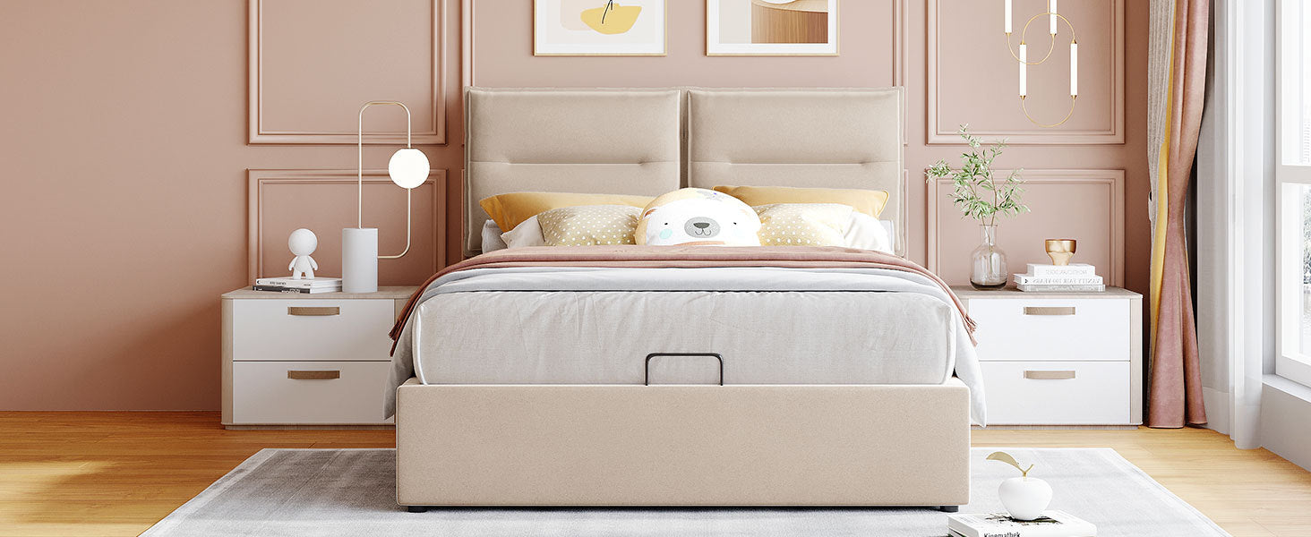 Upholstered Platform Bed With A Hydraulic Storage System, Full Size, Beige Full Beige Velvet