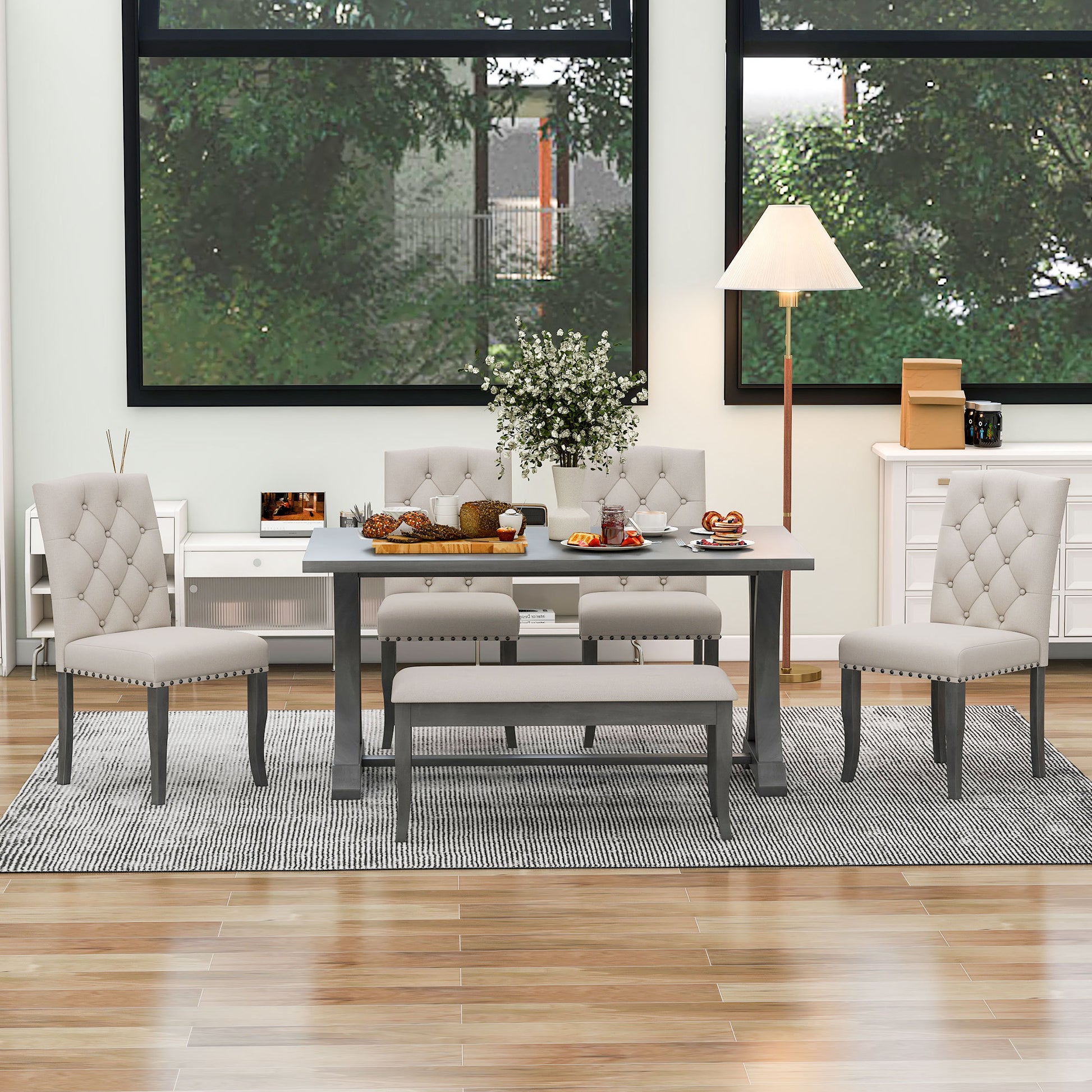 6 Piece Farmhouse Dining Table Set, Rectangular Trestle Table And 4 Upholstered Chairs & Bench For Dining Room Antique Gray Antique Gray Solid Wood