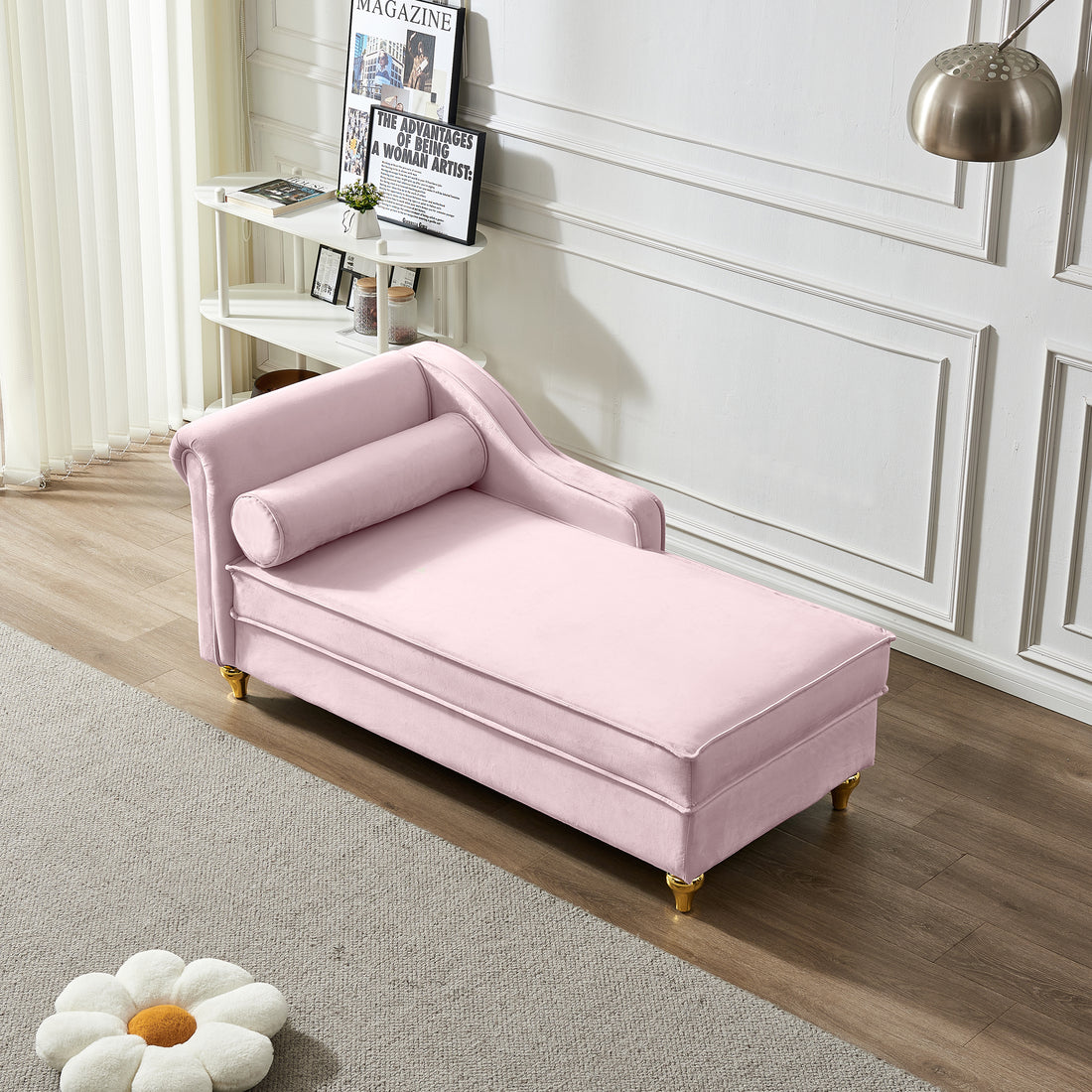 Modern Upholstery Chaise Lounge Chair With Storage Velvet Pink Pink Foam Velvet