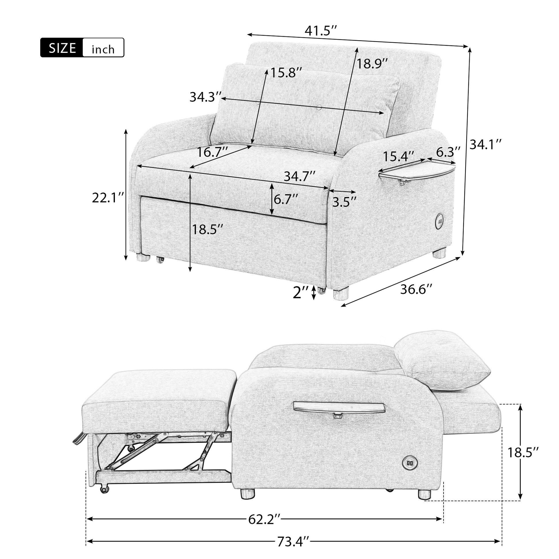 Pull Out Sofa Sleeper 3 In 1 With 2 Wing Table And Usb Charge For Nap Line Fabric For Living Room Recreation Room Grey Gray Foam Linen