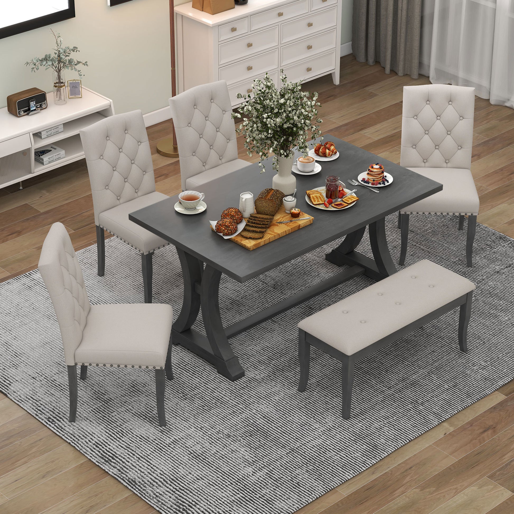 6 Piece Farmhouse Dining Table Set, Rectangular Trestle Table And 4 Upholstered Chairs & Bench For Dining Room Antique Gray Antique Gray Solid Wood