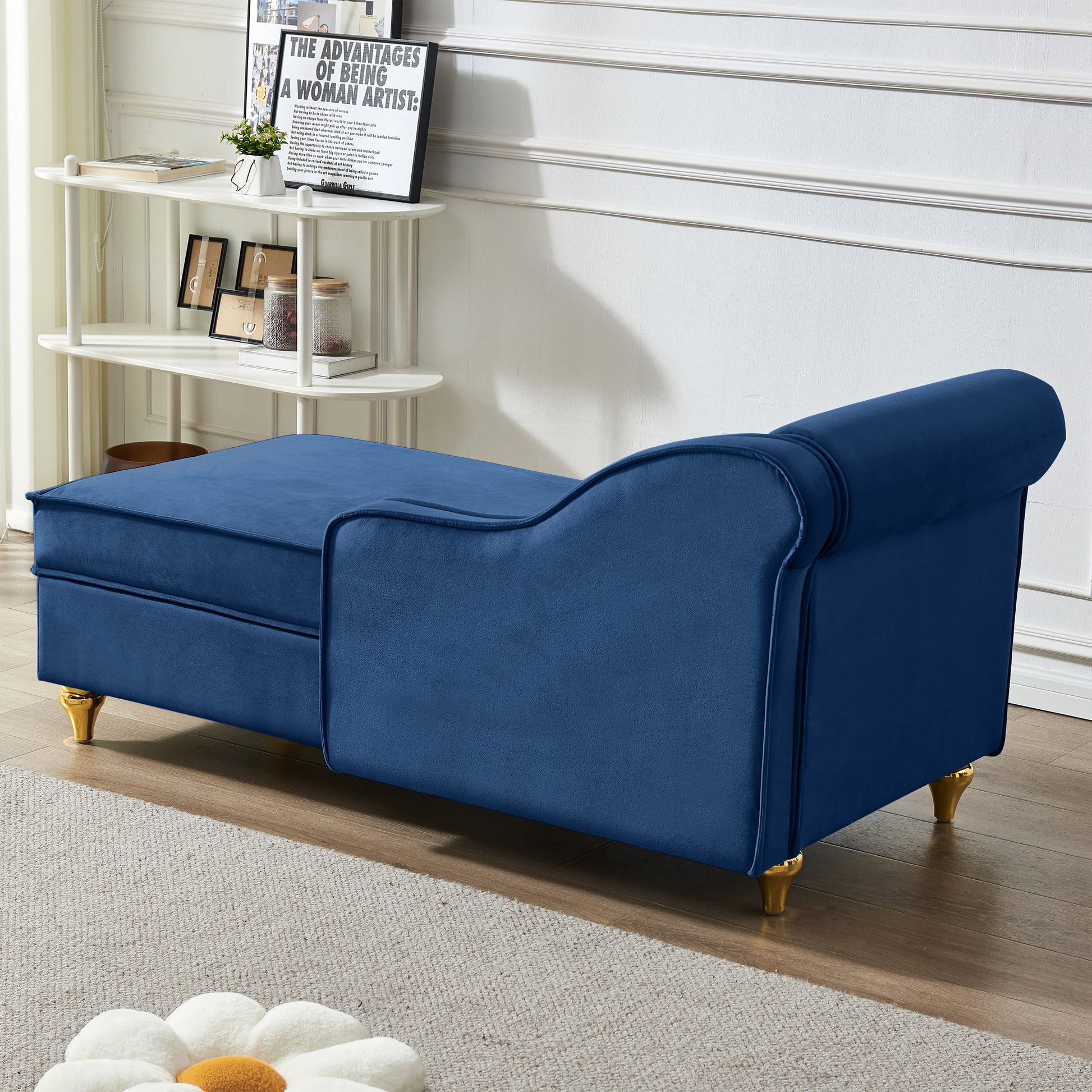 Modern Upholstery Chaise Lounge Chair With Storage Velvet Navy Blue Navy Blue Foam Velvet