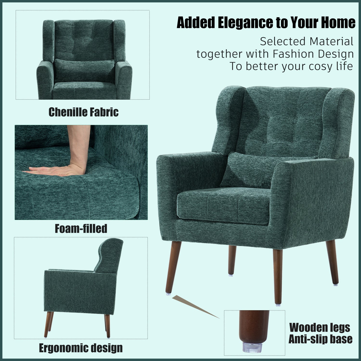 Modern Accent Chair,Chenille Arm Chairs For Living Room,Upholstered Mordern Armchair,Comfy Soft Padded Lounge Chair In Small Space, Bedroom, W Pillow, Solid Wood Leg Blackish Green Blackish Green Light Brown Primary Living Space Modern Rubberwood Foam
