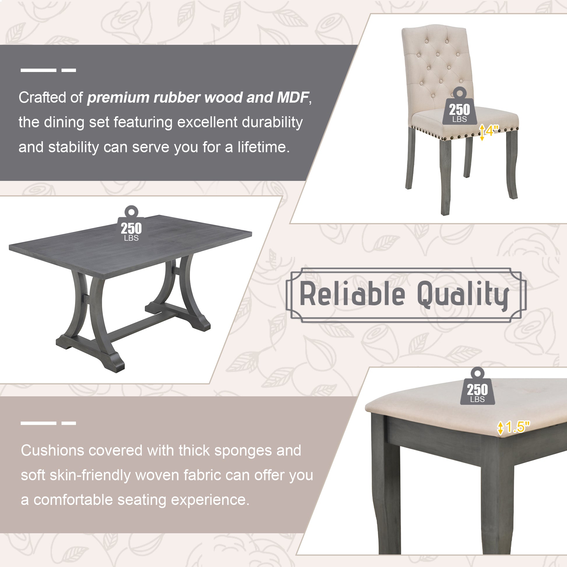6 Piece Farmhouse Dining Table Set, Rectangular Trestle Table And 4 Upholstered Chairs & Bench For Dining Room Antique Gray Antique Gray Solid Wood