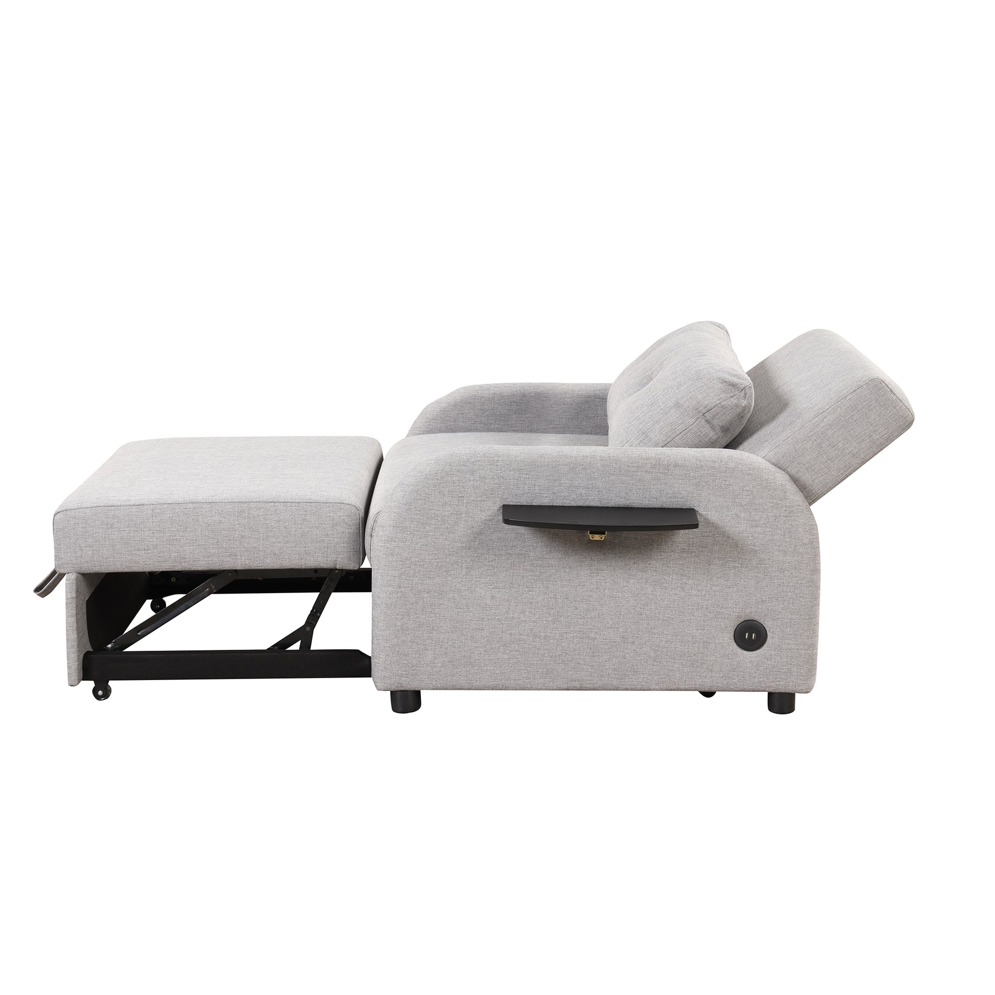 Pull Out Sofa Sleeper 3 In 1 With 2 Wing Table And Usb Charge For Nap Line Fabric For Living Room Recreation Room Grey Gray Foam Linen