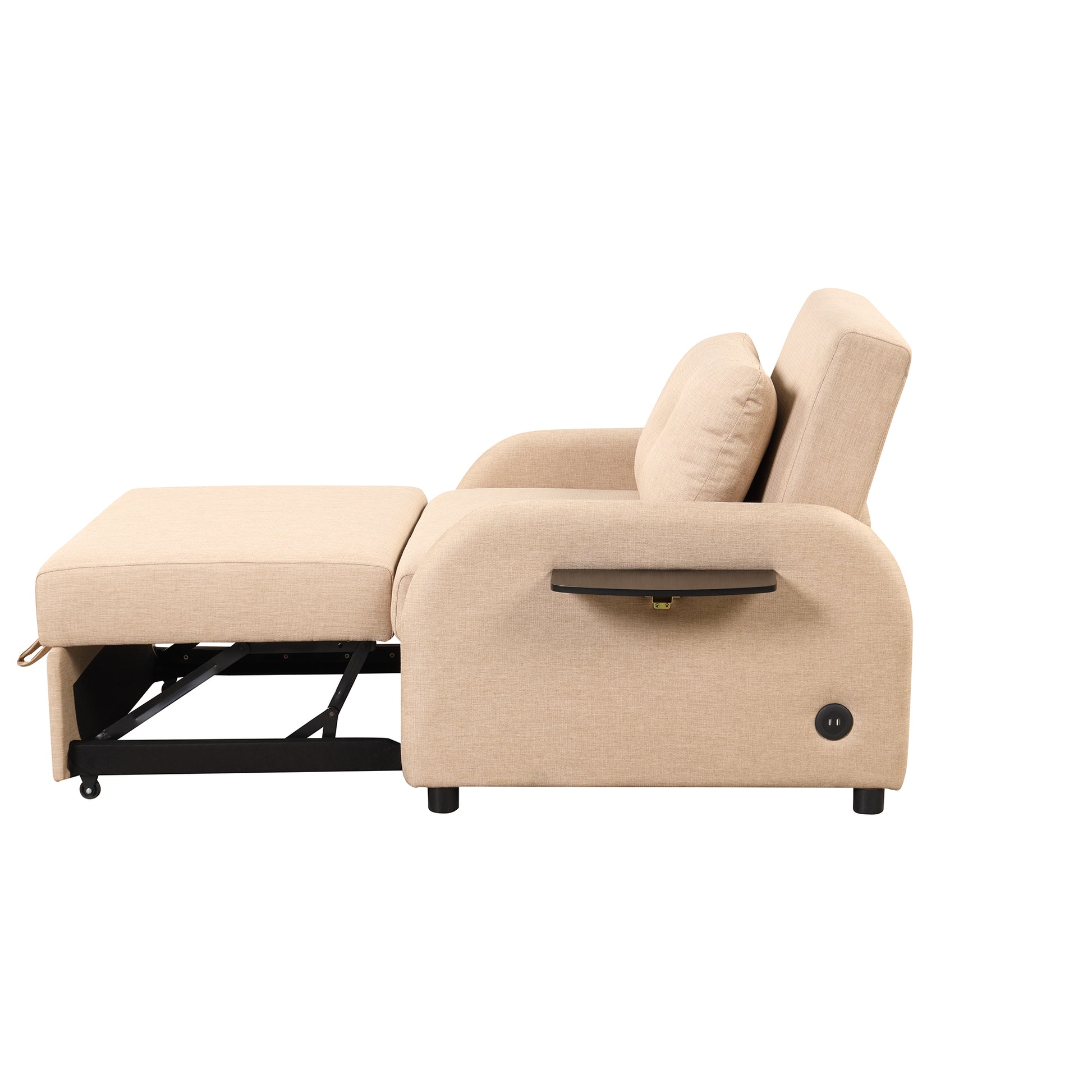 Pull Out Sofa Sleeper 3 In 1 With 2 Wing Table And Usb Charge For Nap Line Fabric For Living Room Recreation Room Beige Beige Foam Linen
