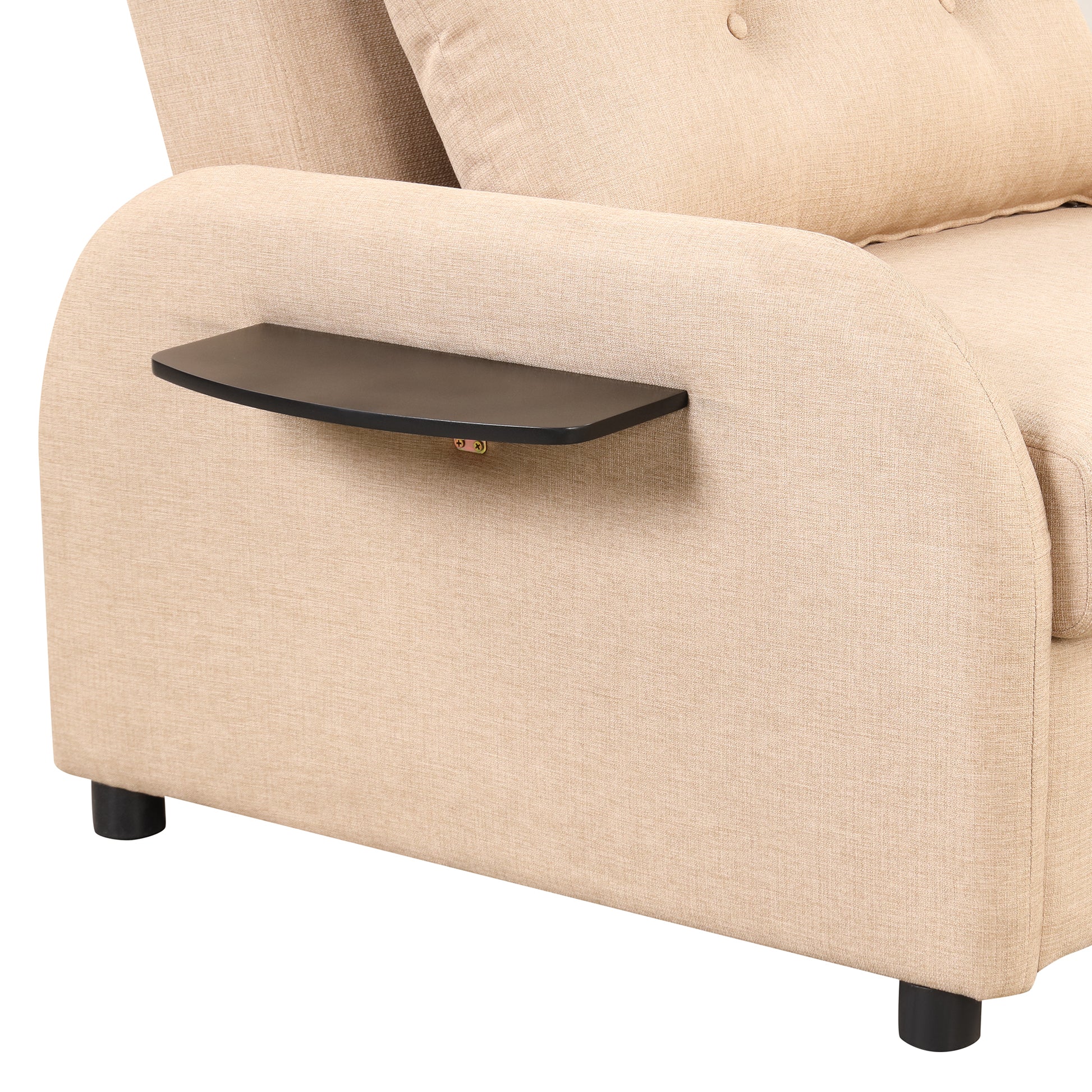Pull Out Sofa Sleeper 3 In 1 With 2 Wing Table And Usb Charge For Nap Line Fabric For Living Room Recreation Room Beige Beige Foam Linen