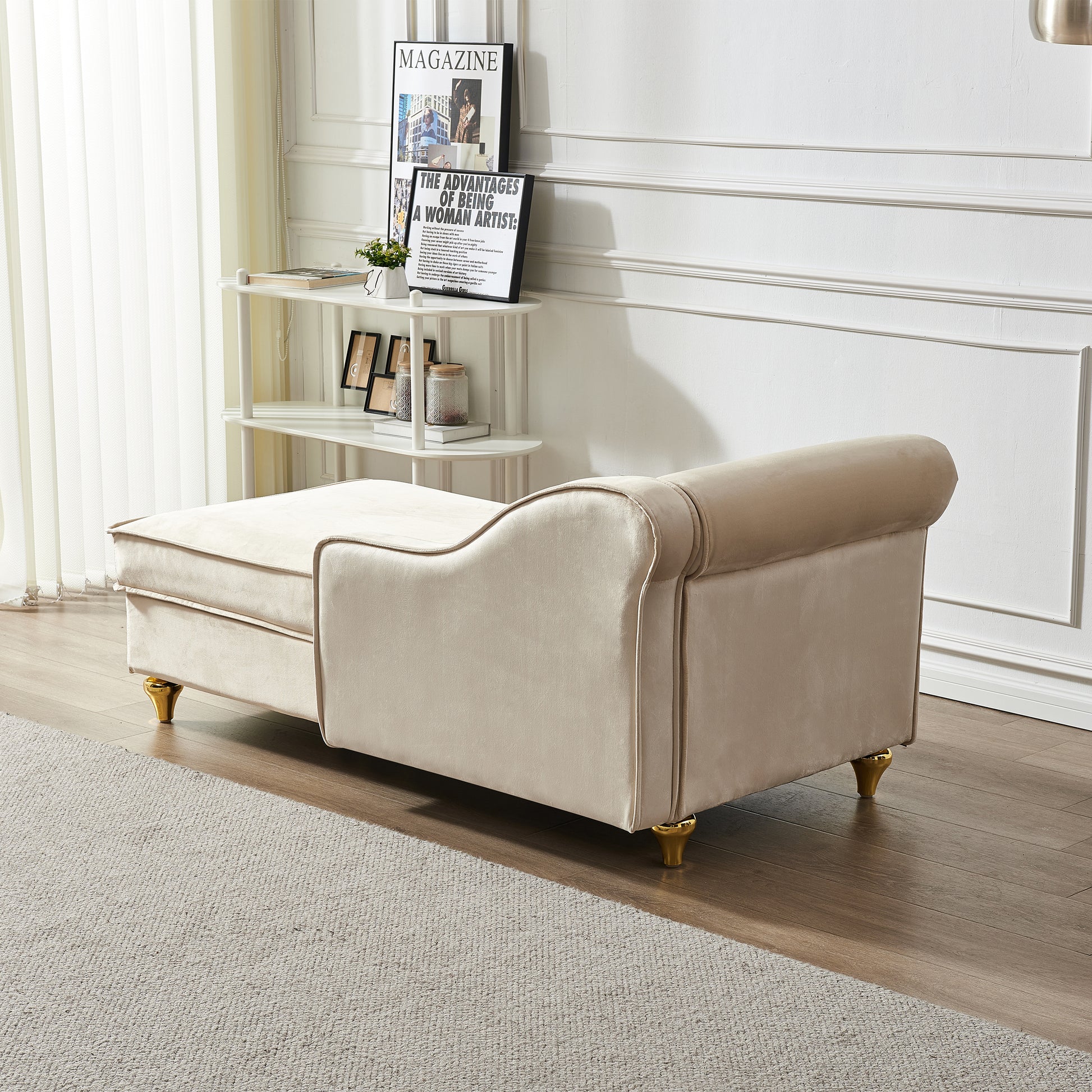 Modern Upholstery Chaise Lounge Chair With Storage Velvet Beige Beige Foam Velvet