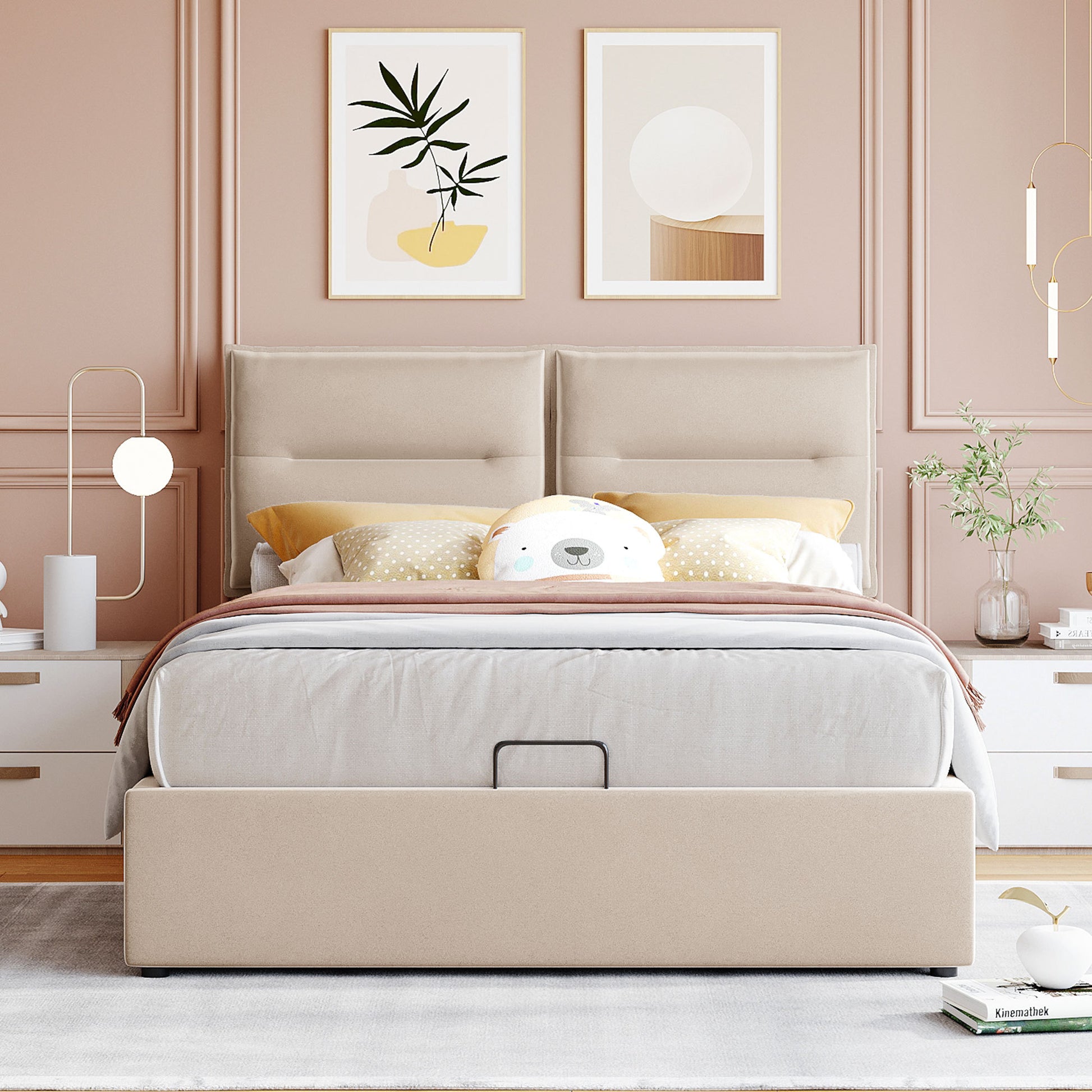 Upholstered Platform Bed With A Hydraulic Storage System, Full Size, Beige Full Beige Velvet