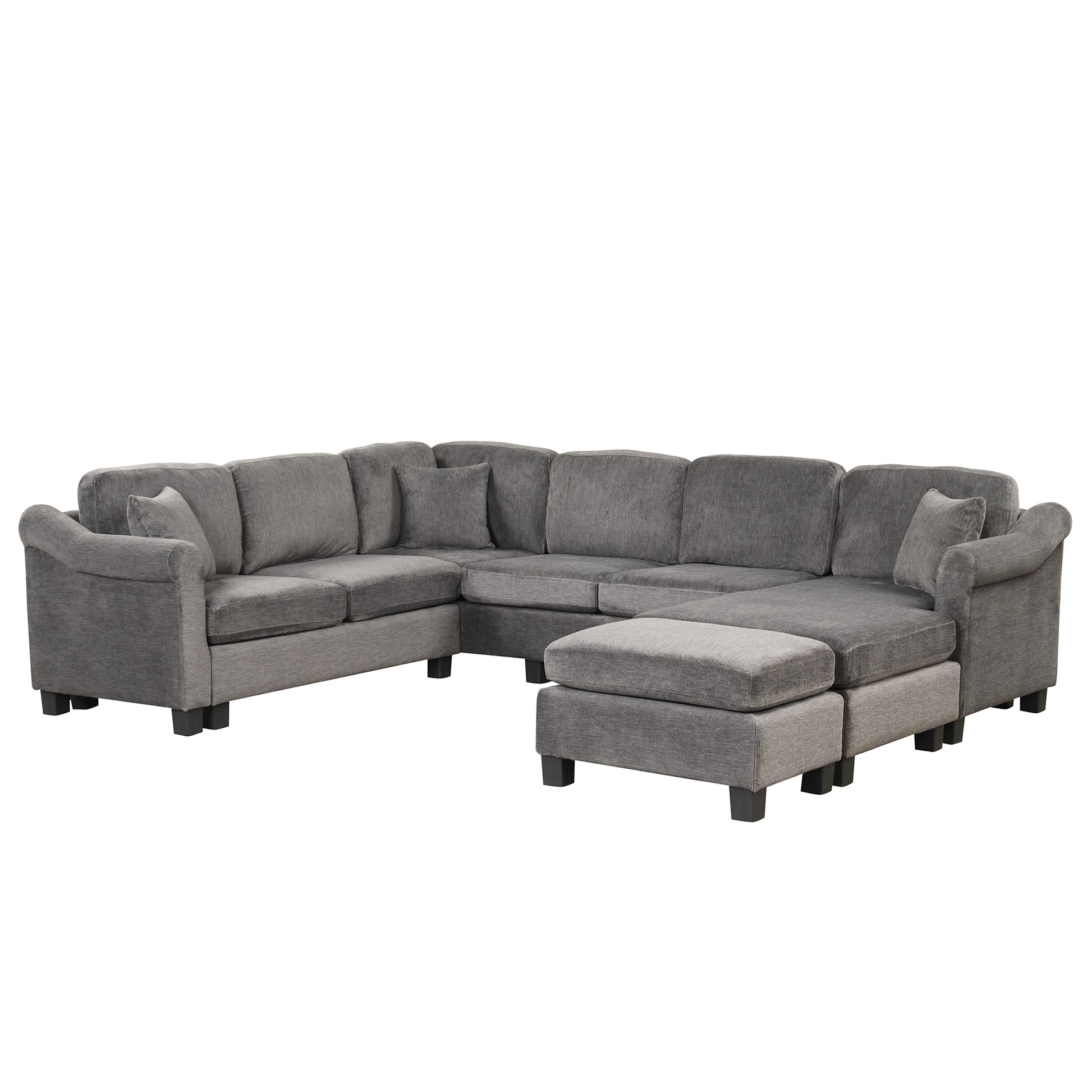 122.1" *91.3" 4Pcs Sectional Sofa With Ottoman With Right Side Chaise Velvet Fabric Dark Gray Dark Grey Foam Velvet