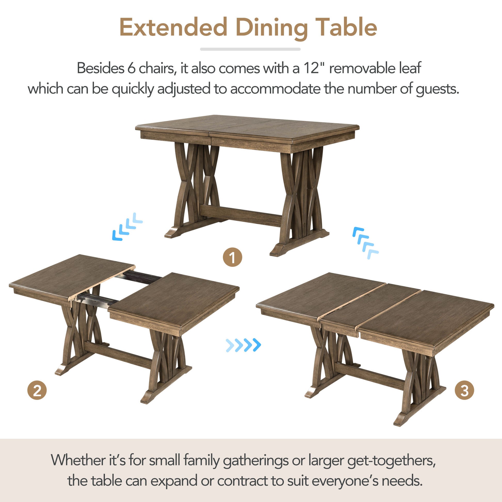 Mid Century Solid Wood 7 Piece Dining Table Set Extendable Kitchen Table Set With Upholstered Chairs And 12" Leaf For 6, Golden Brown Gray Cushion Brown Wood Dining Room Solid Wood Rubberwood Rectangular Dining Table With Chair Upholstered Chair Wood