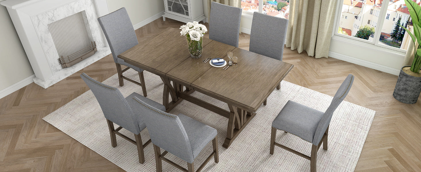 Mid Century Solid Wood 7 Piece Dining Table Set Extendable Kitchen Table Set With Upholstered Chairs And 12" Leaf For 6, Golden Brown Gray Cushion Brown Wood Dining Room Solid Wood Rubberwood Rectangular Dining Table With Chair Upholstered Chair Wood