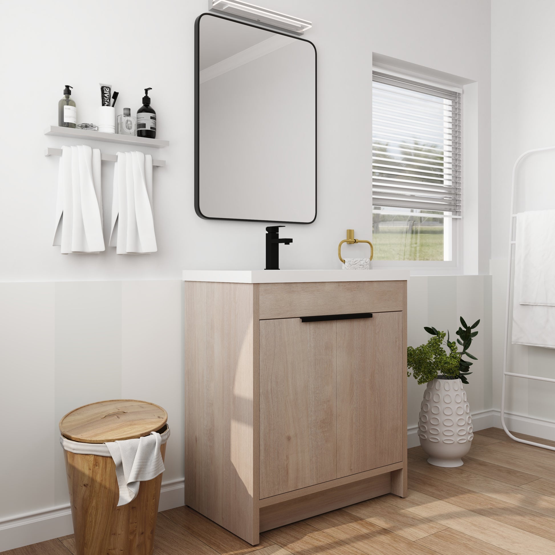 30 Inch Freestanding Bathroom Vanity With White Resin Sink & 2 Soft Close Cabinet Doors Bvb02430Plo Grb3040 Plain Light Oak 2 Bathroom Freestanding Plywood