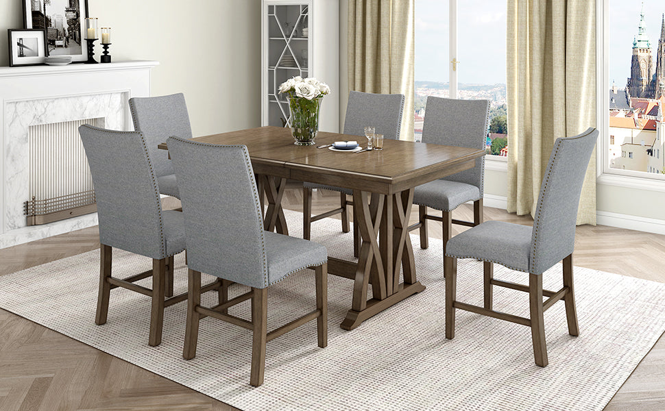 Mid Century Solid Wood 7 Piece Dining Table Set Extendable Kitchen Table Set With Upholstered Chairs And 12" Leaf For 6, Golden Brown Gray Cushion Brown Wood Dining Room Solid Wood Rubberwood Rectangular Dining Table With Chair Upholstered Chair Wood