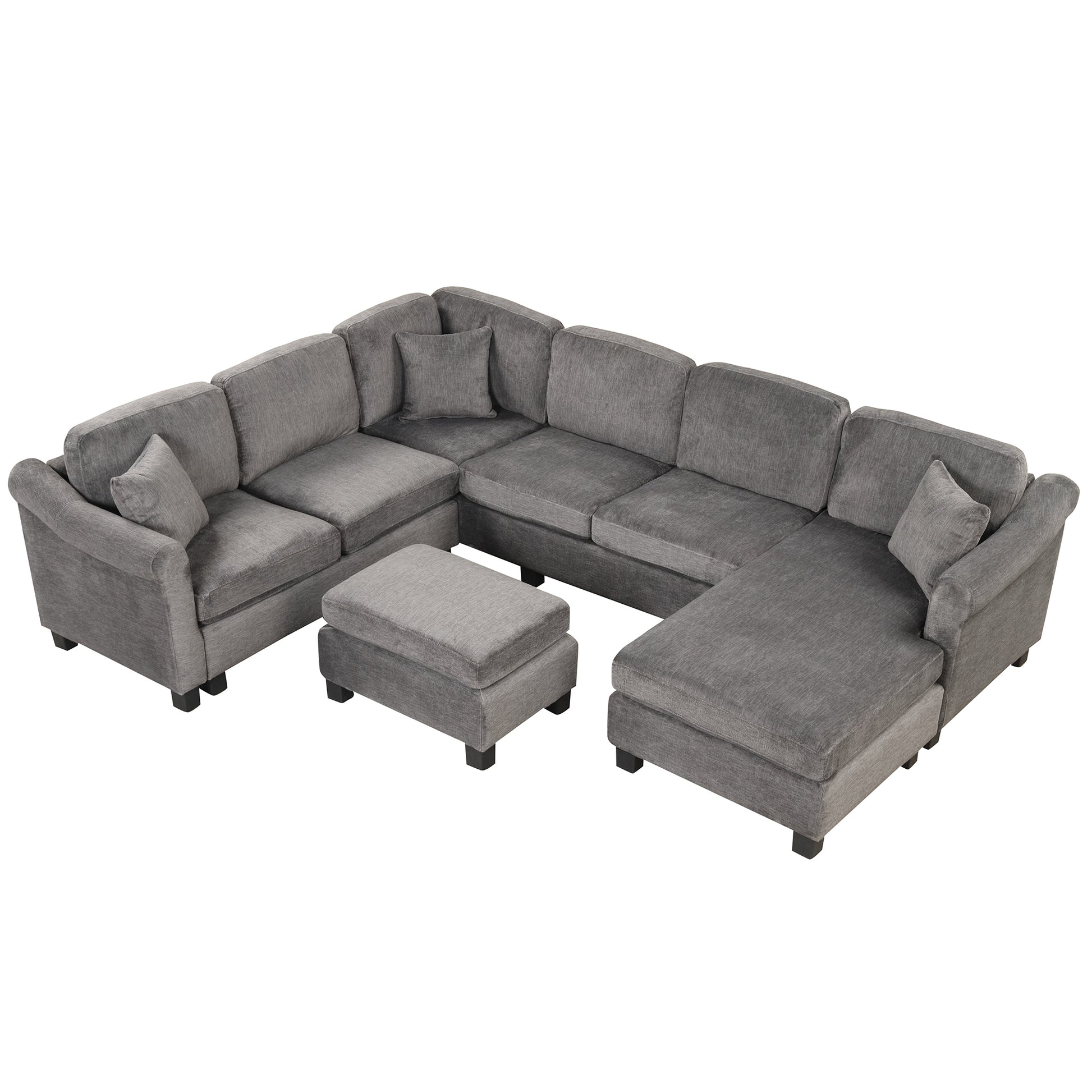 122.1" *91.3" 4Pcs Sectional Sofa With Ottoman With Right Side Chaise Velvet Fabric Dark Gray Dark Grey Foam Velvet