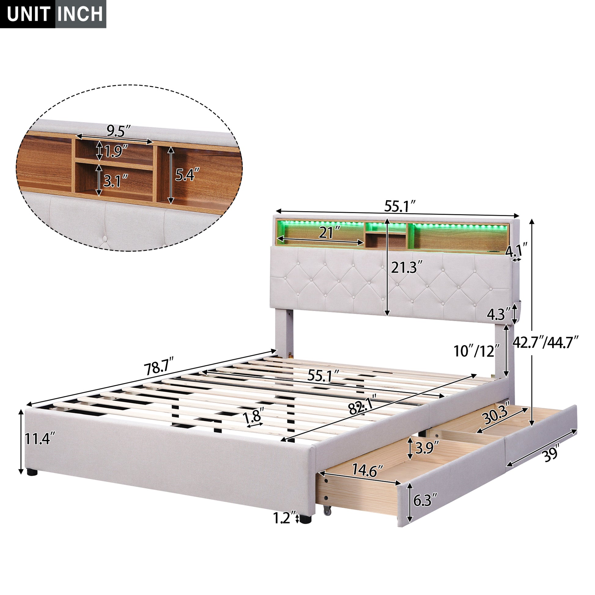 Full Size Upholstered Platform Bed With Storage Headboard, Led, Usb Charging And 2 Drawers, Beige Box Spring Not Required Beige Wood Linen Upholstered