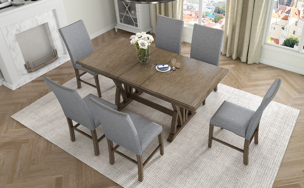 Mid Century Solid Wood 7 Piece Dining Table Set Extendable Kitchen Table Set With Upholstered Chairs And 12" Leaf For 6, Golden Brown Gray Cushion Brown Wood Dining Room Solid Wood Rubberwood Rectangular Dining Table With Chair Upholstered Chair Wood