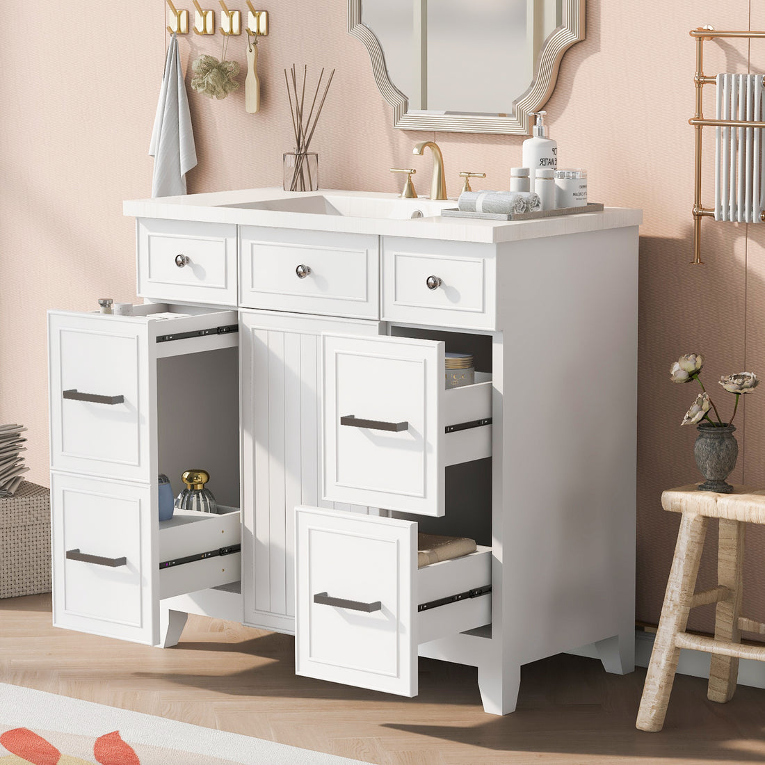 36" Bathroom Vanity Cabinet With Sink Top Combo Set,White,Single Sink,Shaker Cabinet With Soft Closing Door And Drawer White Solid Wood Mdf Resin