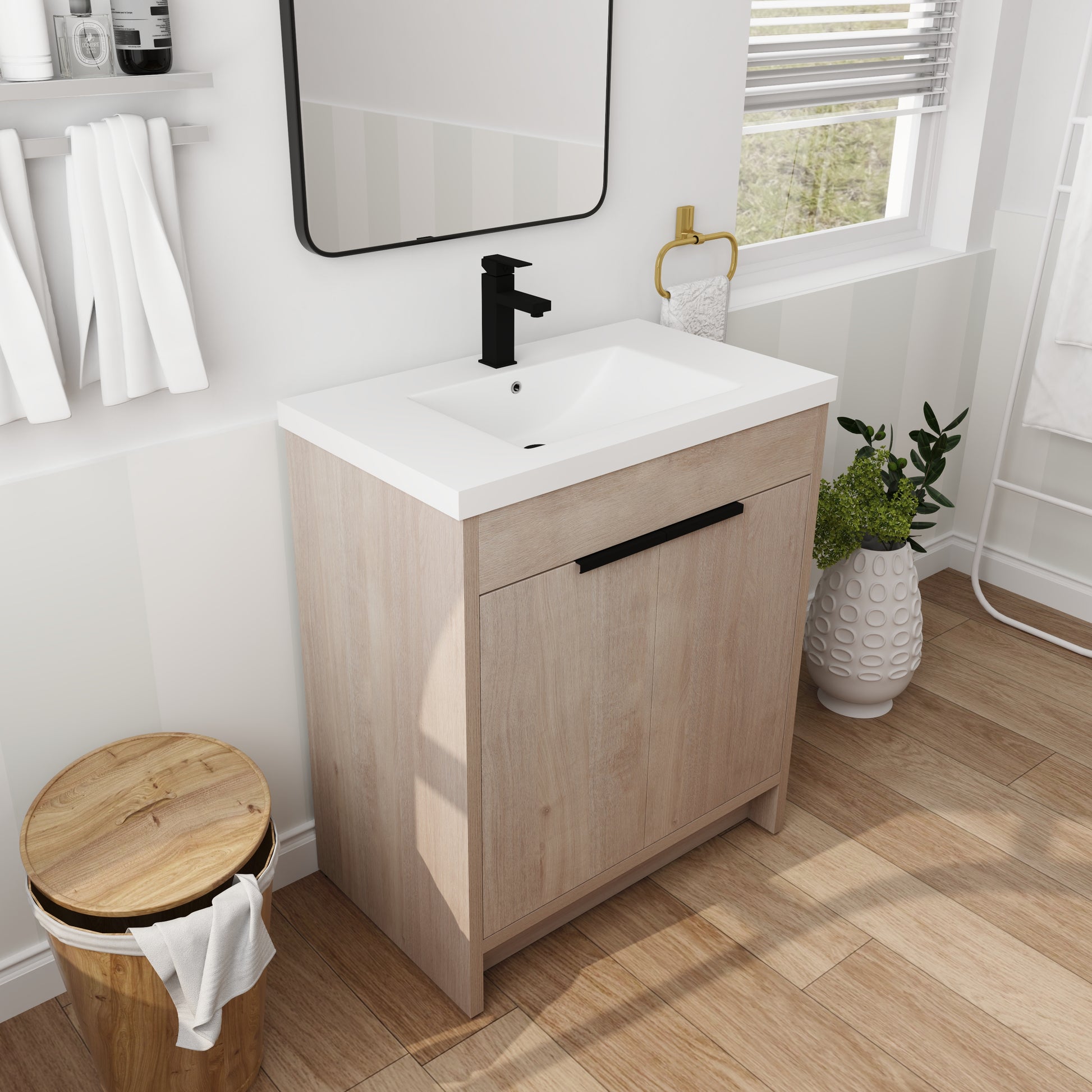 30 Inch Freestanding Bathroom Vanity With White Resin Sink & 2 Soft Close Cabinet Doors Bvb02430Plo Grb3040 Plain Light Oak 2 Bathroom Freestanding Plywood