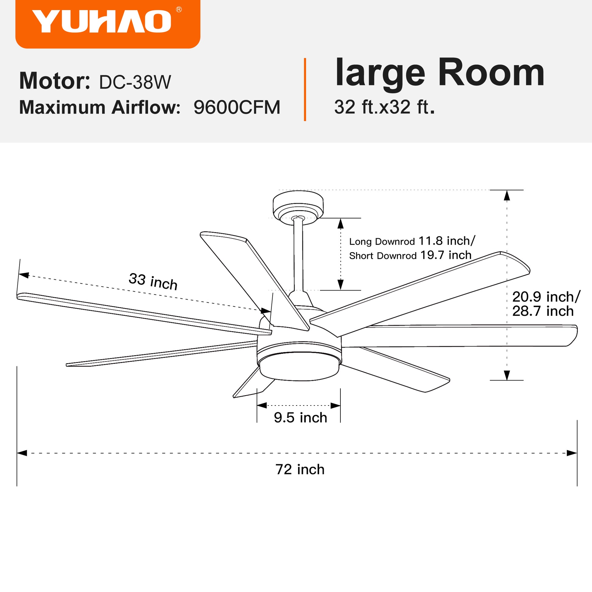 72 In Farmhouse Ceiling Fan With Plywood Blades For Dining Room Black Metal & Wood