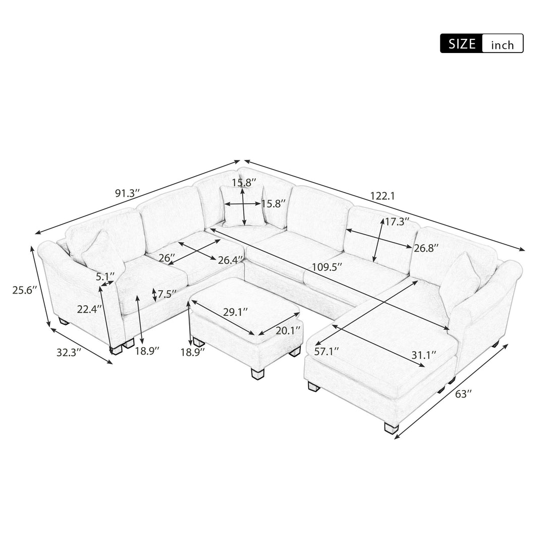 122.1" *91.3" 4Pcs Sectional Sofa With Ottoman With Right Side Chaise Velvet Fabric White White Foam Velvet