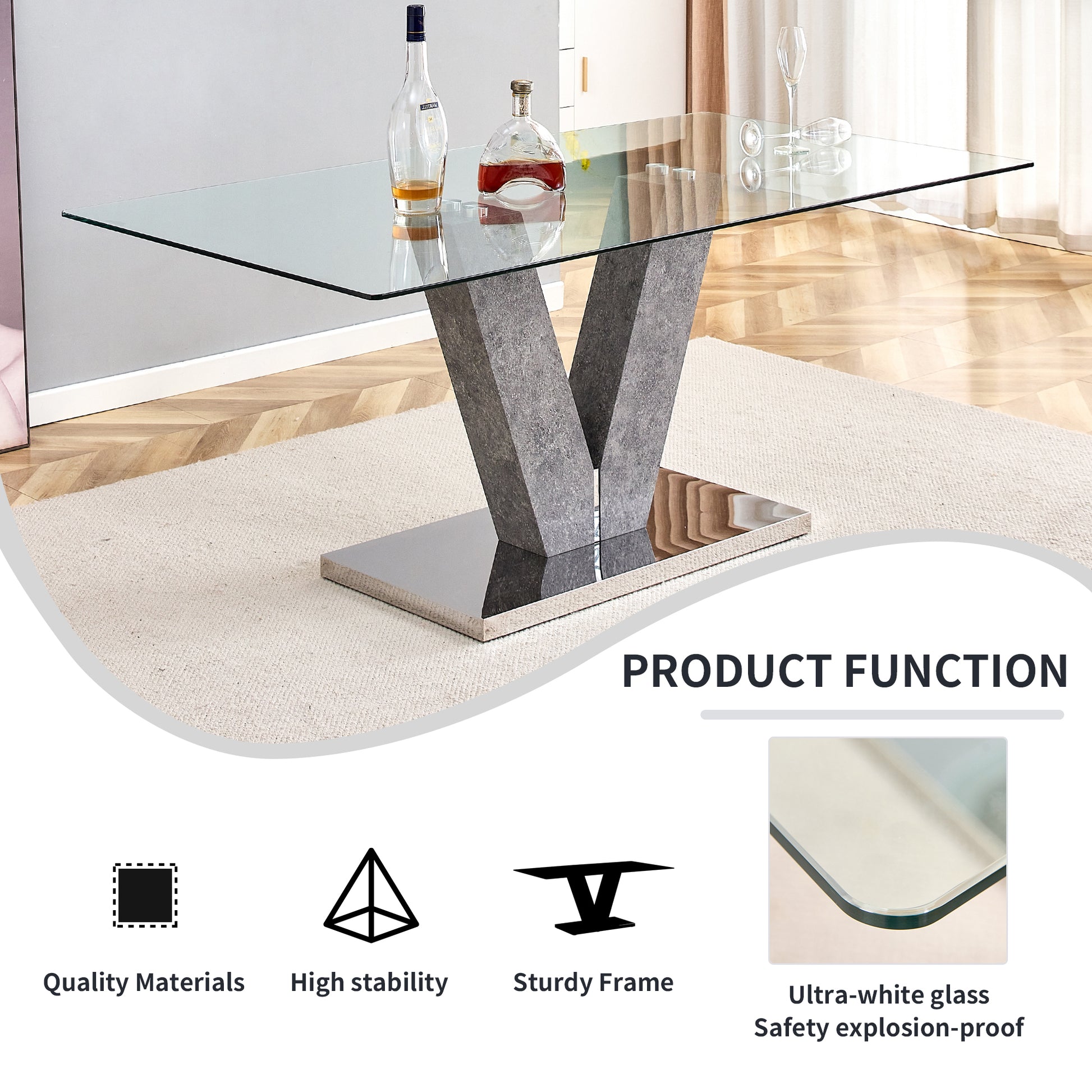 Large Modern Minimalist Rectangular Glass Dining Table For 4 8 People With 0.39" Tempered Glass Tabletop And Mdf Slab V Shaped Bracket,For Kitchen Dining Living Meeting Room Banquet Hall F V Transparent Mdf Glass