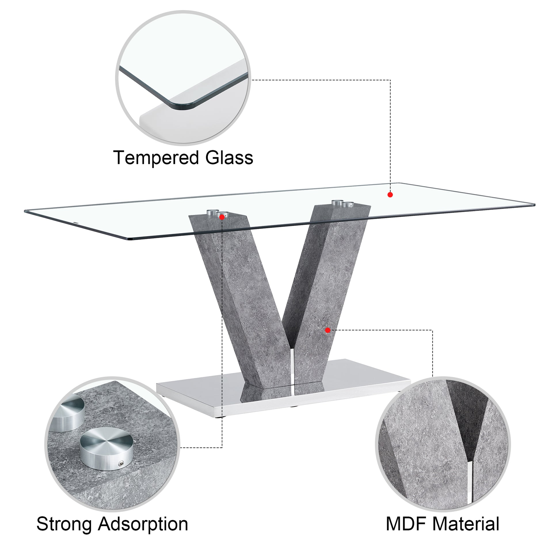 Large Modern Minimalist Rectangular Glass Dining Table For 4 8 People With 0.39" Tempered Glass Tabletop And Mdf Slab V Shaped Bracket,For Kitchen Dining Living Meeting Room Banquet Hall F V Transparent Mdf Glass