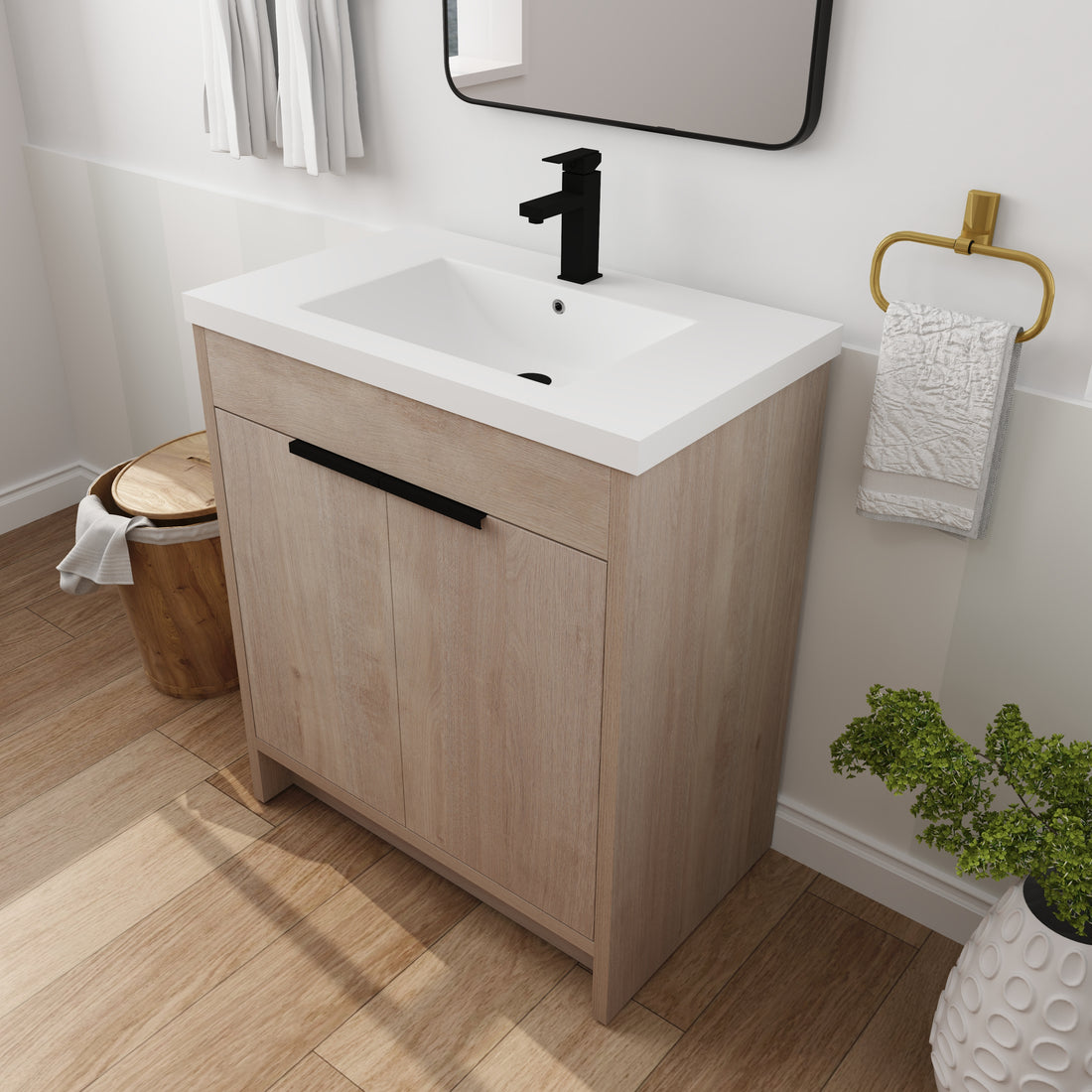 30 Inch Freestanding Bathroom Vanity With White Resin Sink & 2 Soft Close Cabinet Doors Bvb02430Plo Grb3040 Plain Light Oak 2 Bathroom Freestanding Plywood