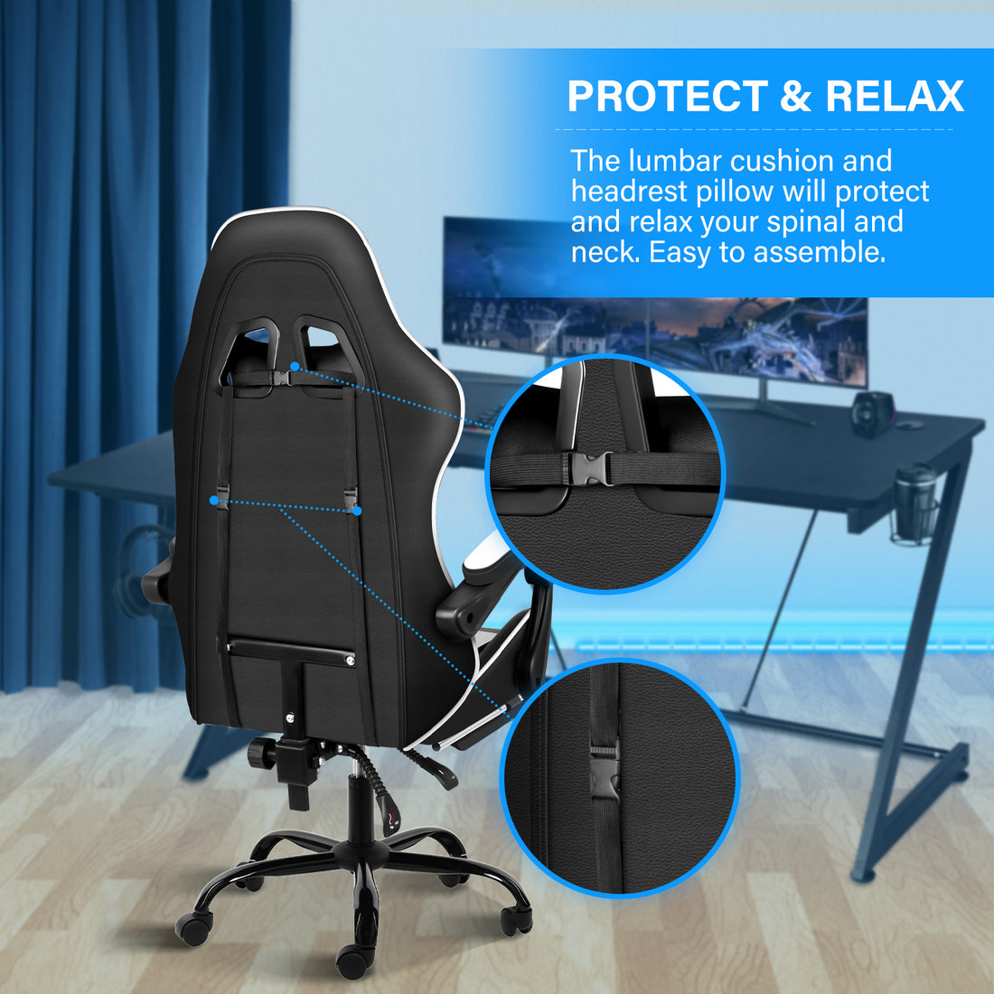 Yssoa Racing Video Backrest And Seat Height Recliner Gaming Office High Back Computer Ergonomic Adjustable Swivel Chair, With Footrest, Black White Black Leather