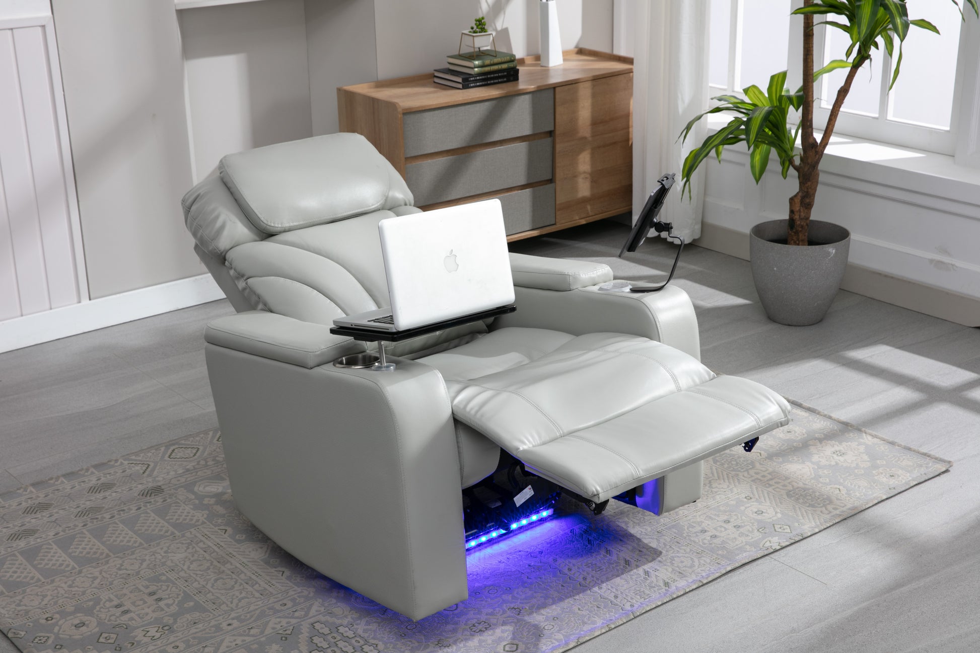 Power Motion Recliner With Usb Charging Port And Hidden Arm Storage, Home Theater Seating With Convenient Cup Holder Design ,And Stereo Light Grey Light Grey Foam Pu