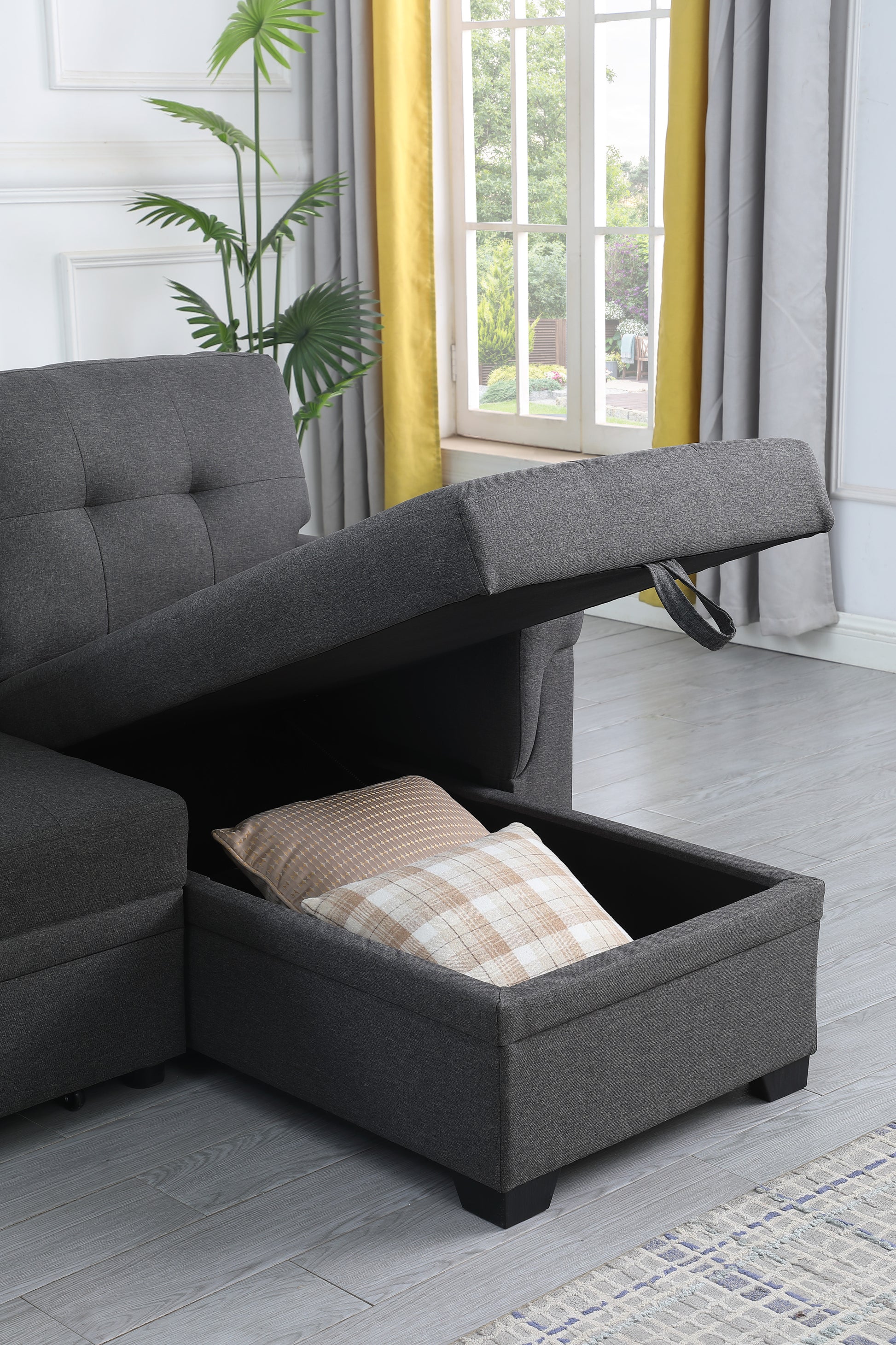 Lucca 84" Dark Gray Linen Reversible Sleeper Sectional Sofa With Storage Chaise Dark Gray Linen