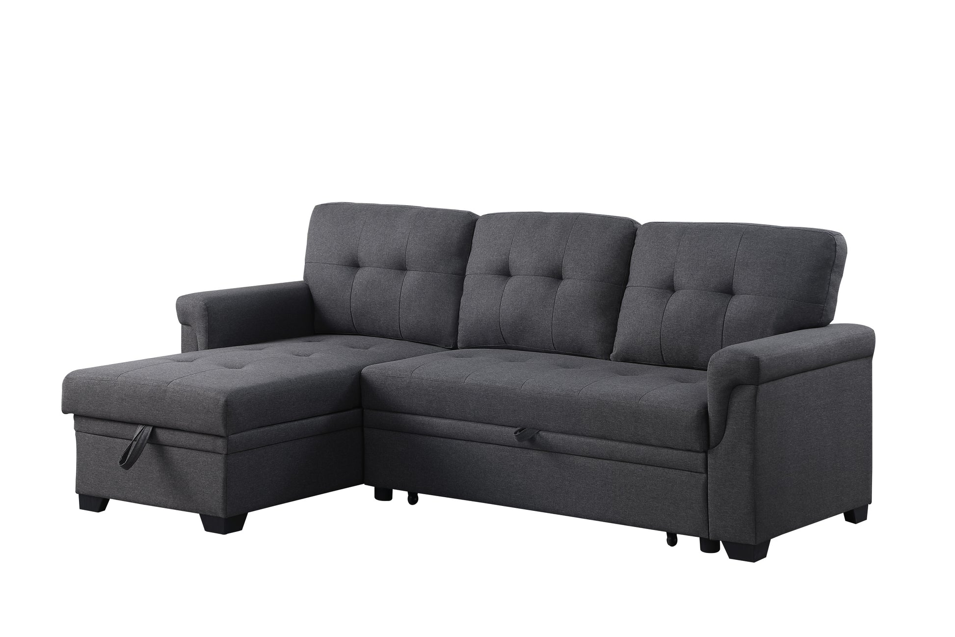 Lucca 84" Dark Gray Linen Reversible Sleeper Sectional Sofa With Storage Chaise Dark Gray Linen