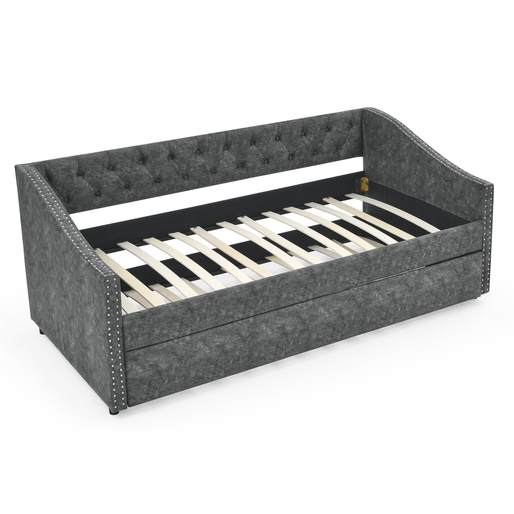 Twin Size Daybed With Twin Size Trundle Upholstered Tufted Sofa Bed, With Button On Back And Copper Nail On Waved Shape Arms, Grey 80.5"X41"X30.5" Grey Polyester