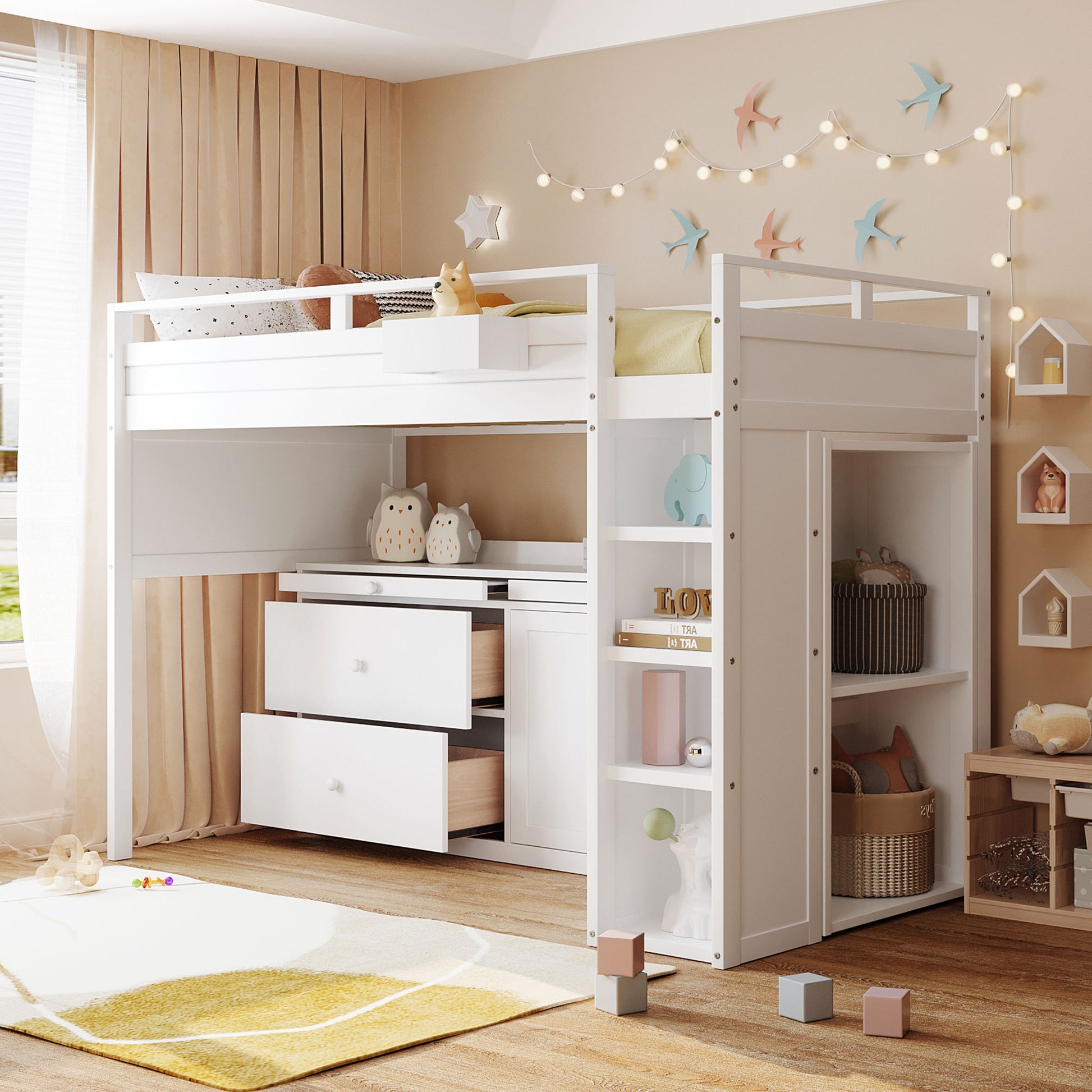 Loft Bed With Rolling Cabinet And Desk White White Solid Wood Mdf