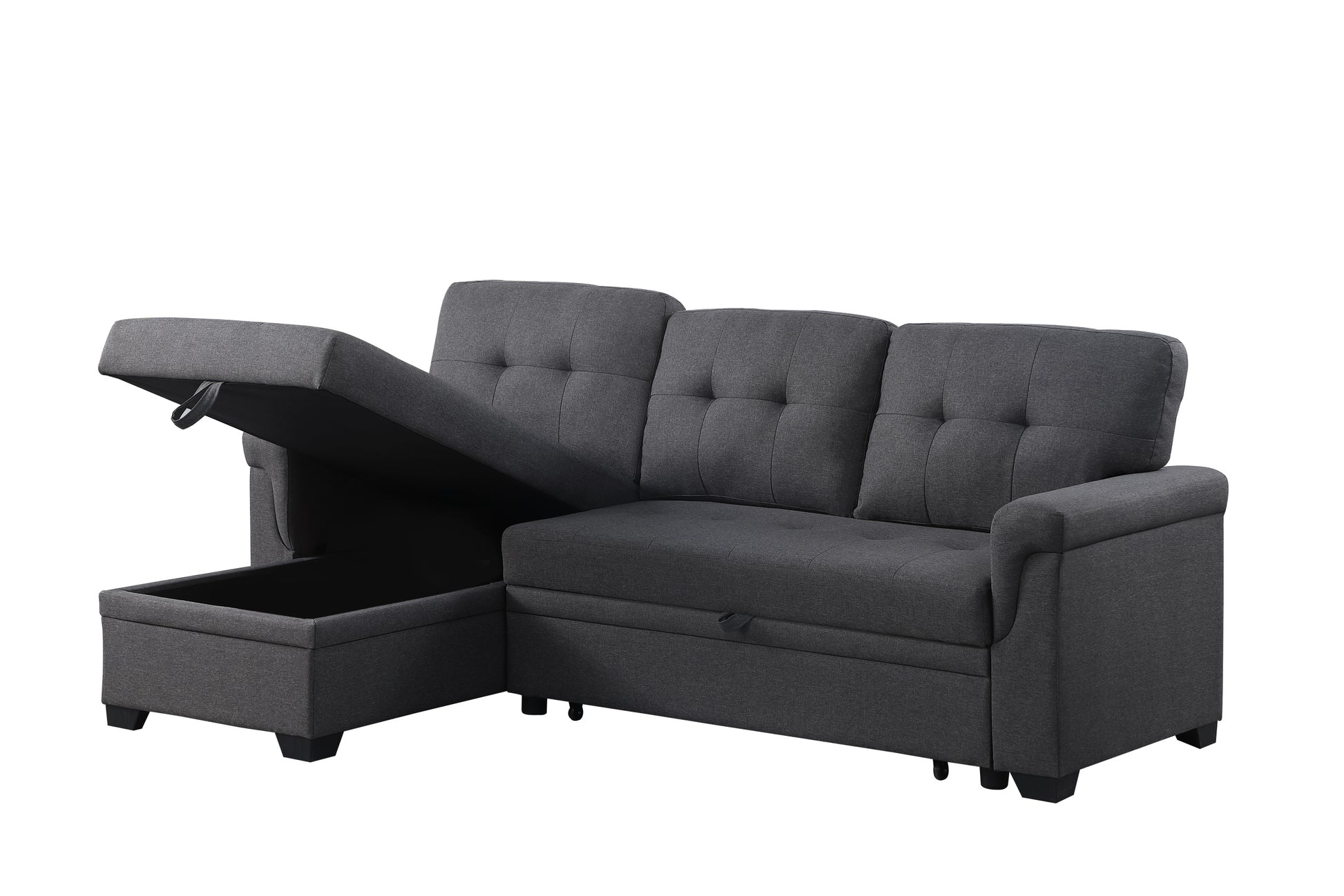 Lucca 84" Dark Gray Linen Reversible Sleeper Sectional Sofa With Storage Chaise Dark Gray Linen