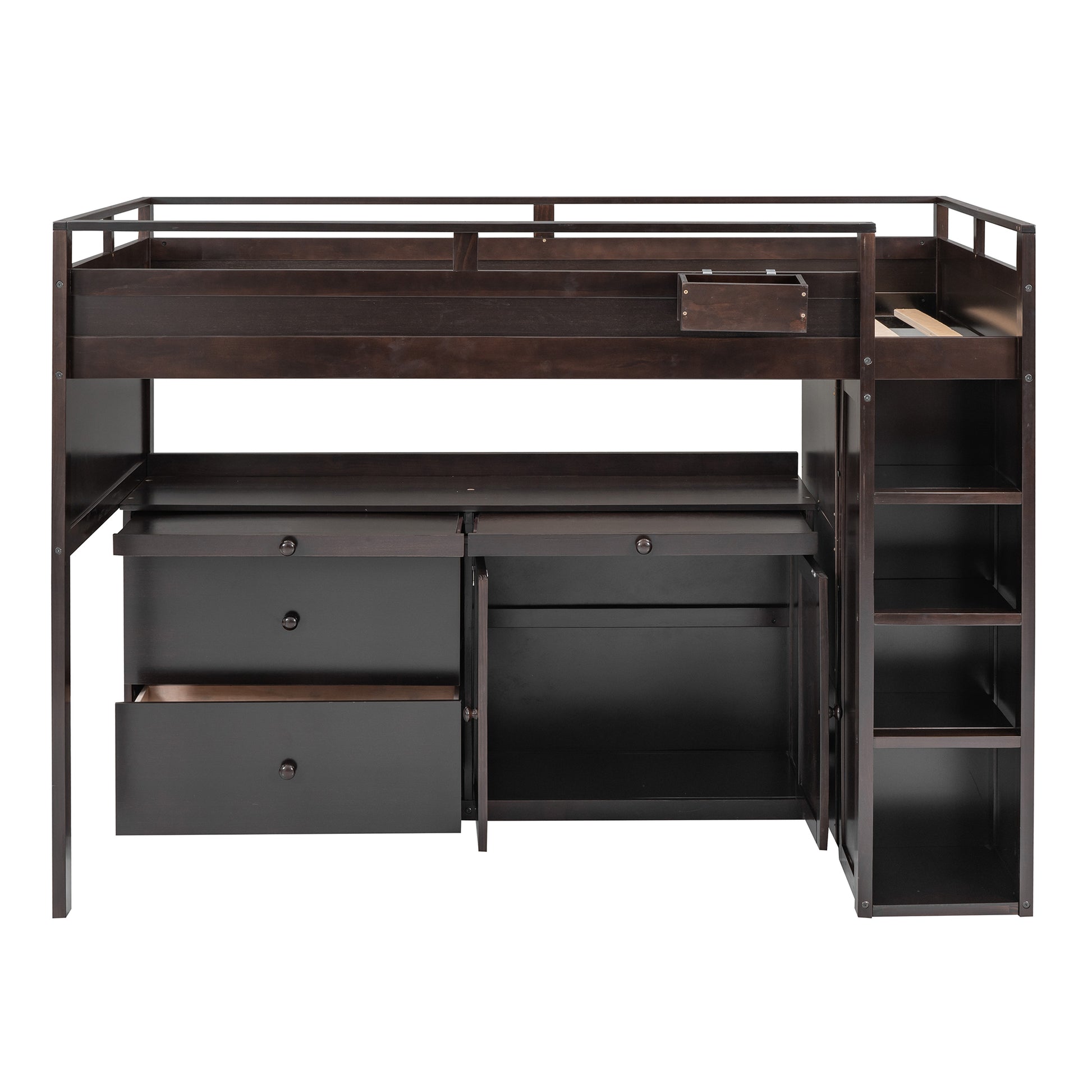 Loft Bed With Rolling Cabinet And Desk Espresso Espresso Solid Wood Mdf
