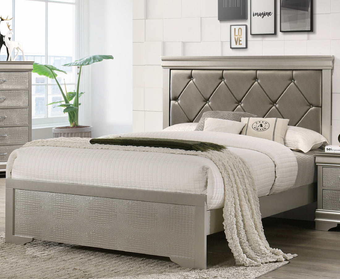 Modern 1Pc Beige Champagne Finish Full Size Panel Bed Wooden Crocodile Texture Pu Upholstered Headboard Crystal Like Button Tufted Fabric Bedroom Furniture Box Spring Required Full Beige Wood Bedroom Panel Solid Wood