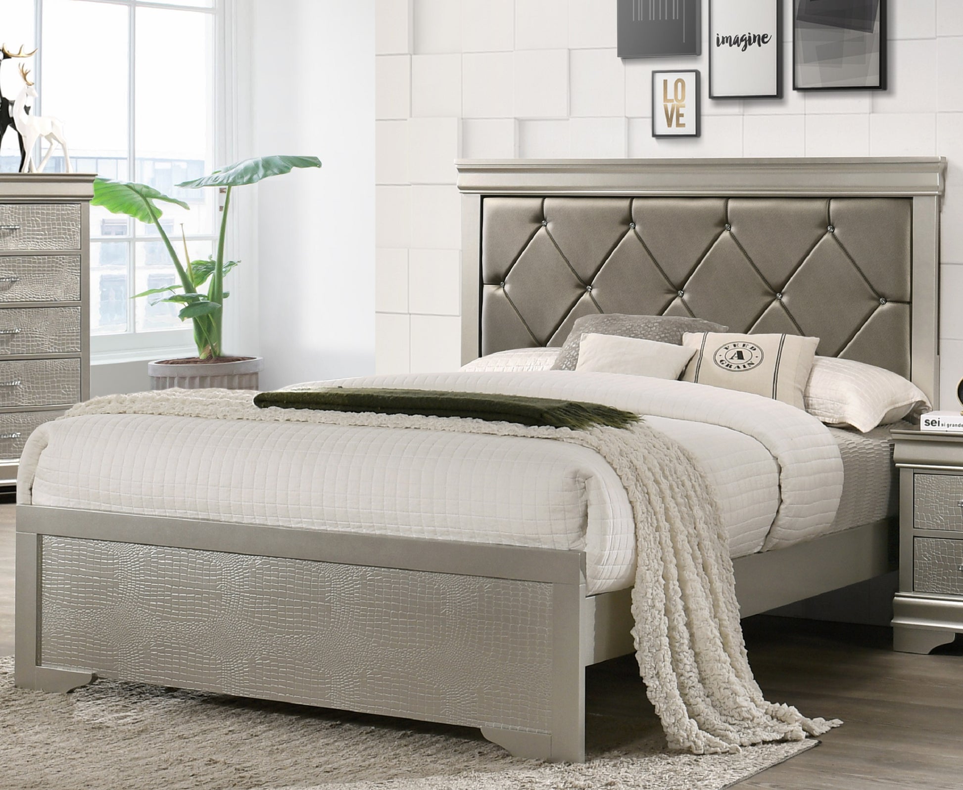 Modern 1Pc Beige Champagne Finish Queen Size Panel Bed Wooden Crocodile Texture Pu Upholstered Headboard Crystal Like Button Tufted Fabric Bedroom Furniture Box Spring Required Queen Beige Wood Bedroom Modern Panel Wood