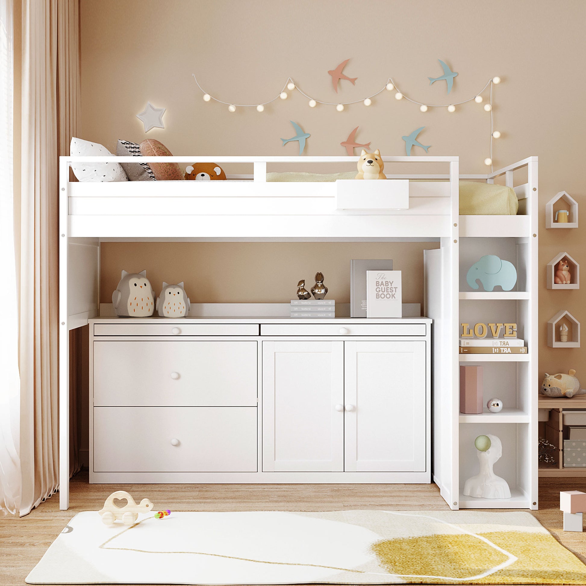 Loft Bed With Rolling Cabinet And Desk White White Solid Wood Mdf
