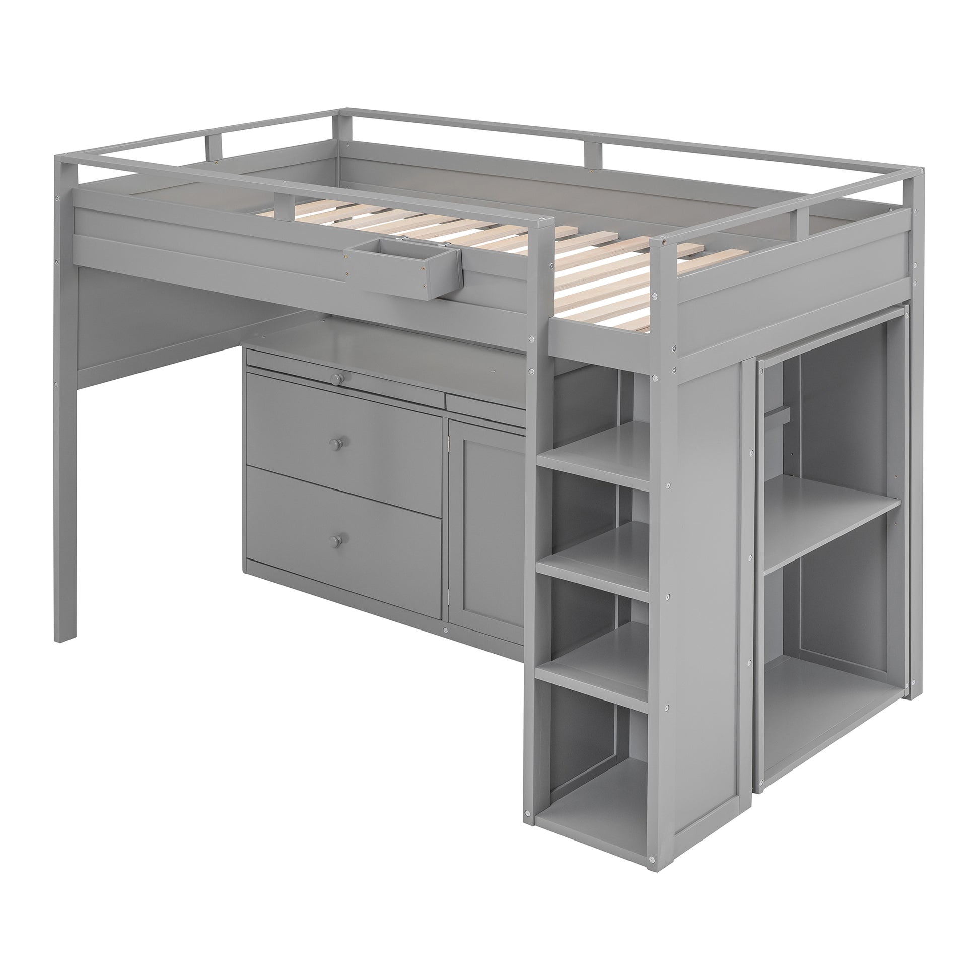 Loft Bed With Rolling Cabinet And Desk Gray Gray Solid Wood Mdf