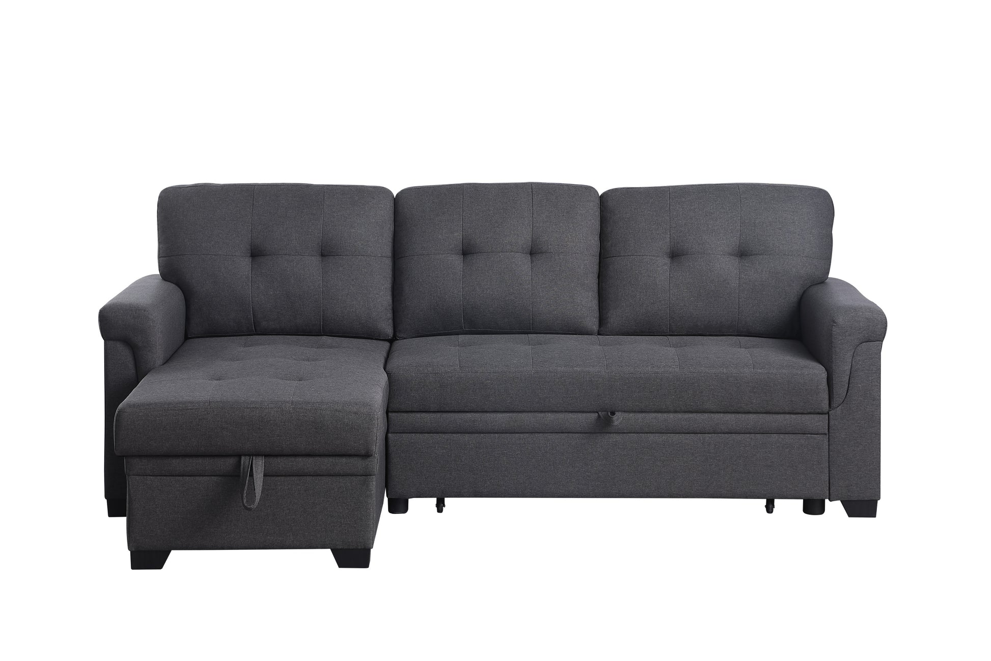 Lucca 84" Dark Gray Linen Reversible Sleeper Sectional Sofa With Storage Chaise Dark Gray Linen