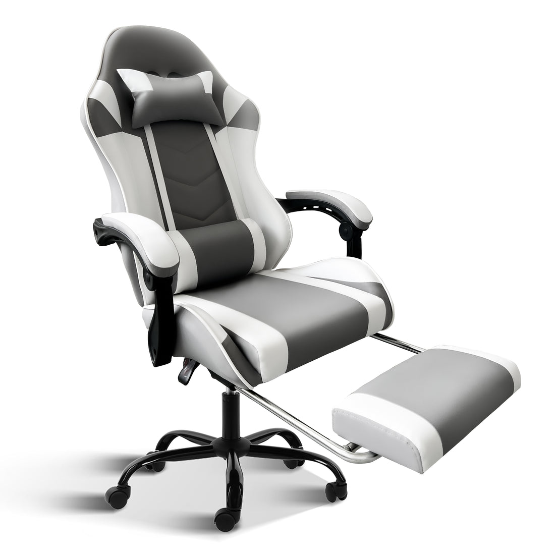 Yssoa Racing Video Backrest And Seat Height Recliner Gaming Office High Back Computer Ergonomic Adjustable Swivel Chair, With Footrest, Grey White Gray Leather