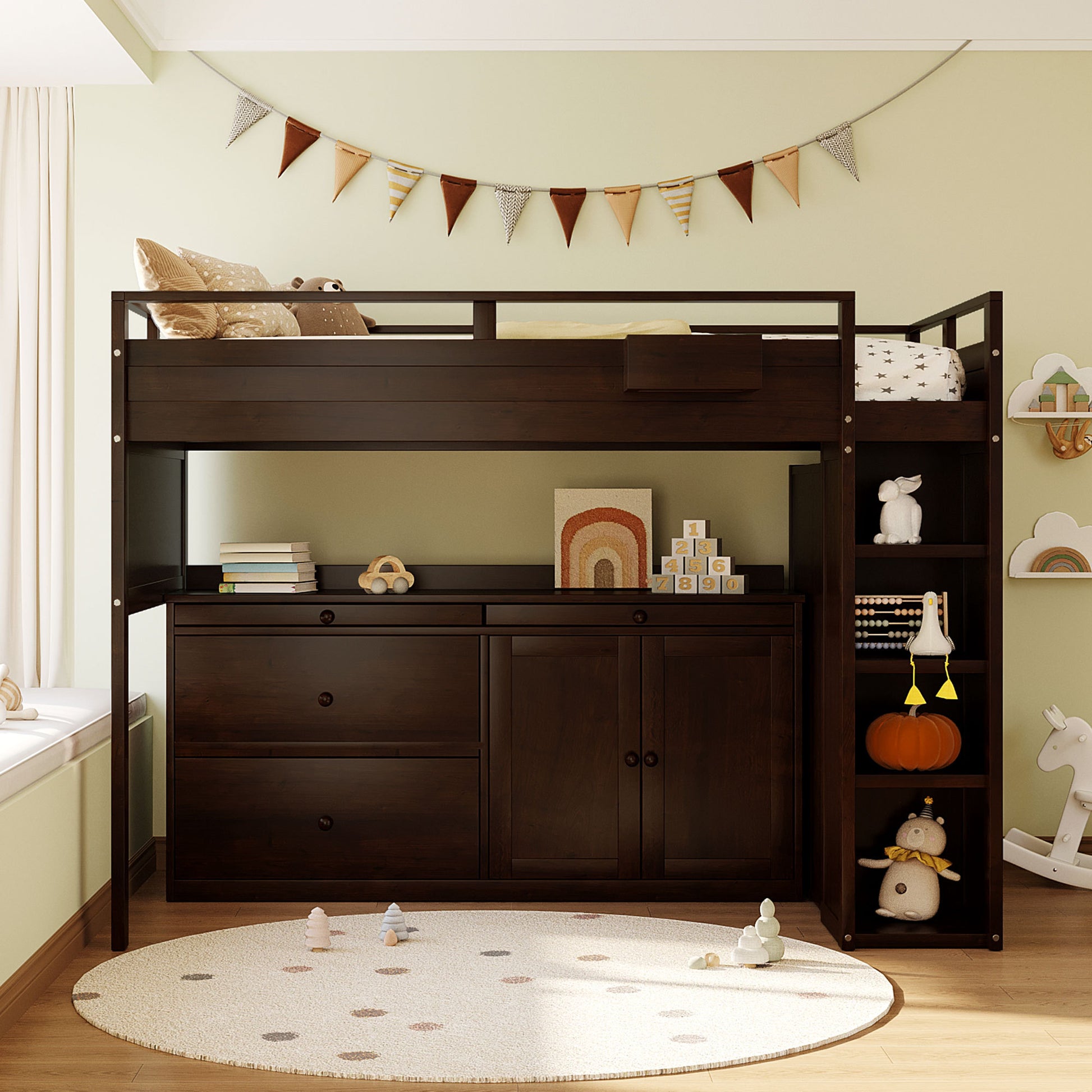 Loft Bed With Rolling Cabinet And Desk Espresso Espresso Solid Wood Mdf