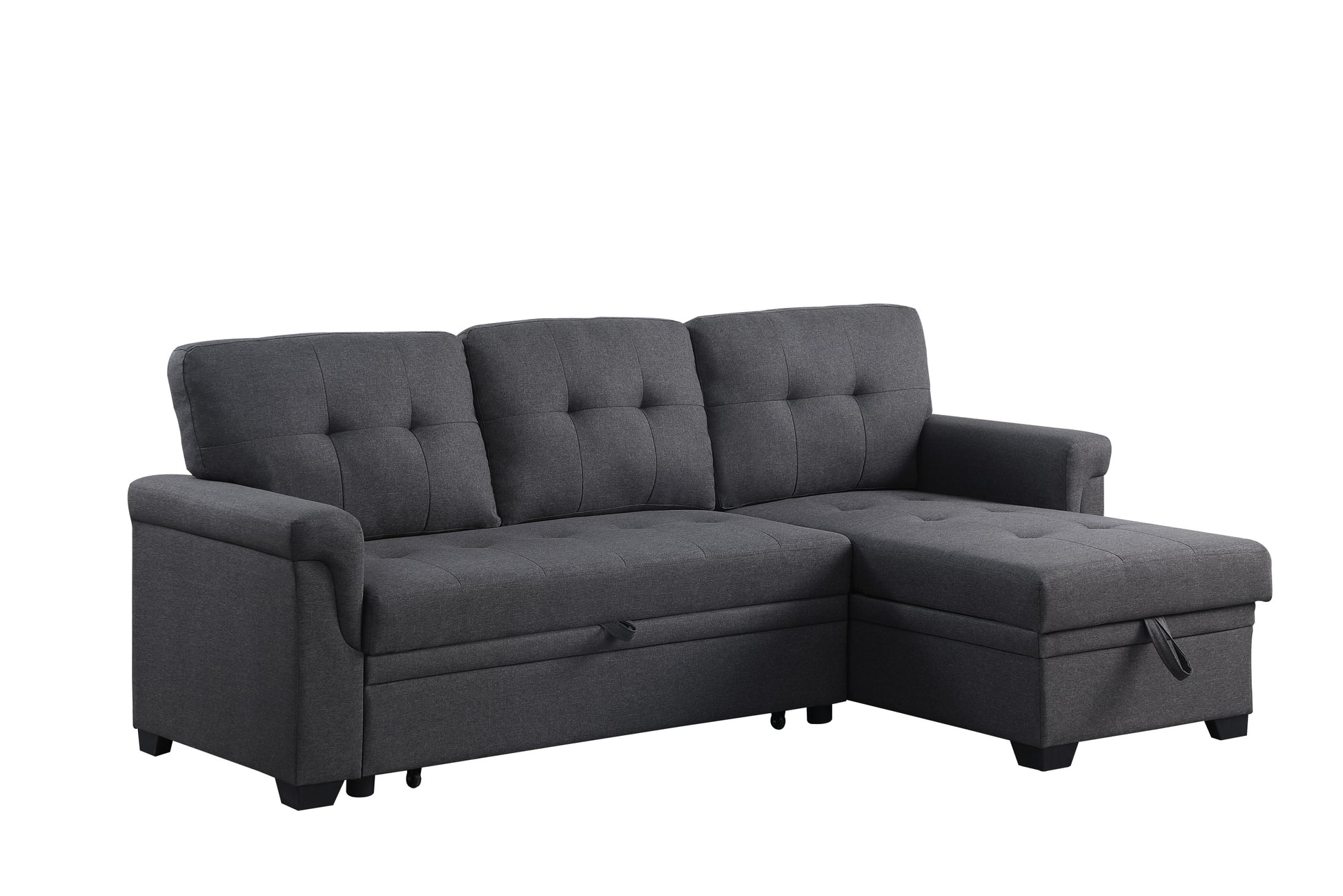 Lucca 84" Dark Gray Linen Reversible Sleeper Sectional Sofa With Storage Chaise Dark Gray Linen