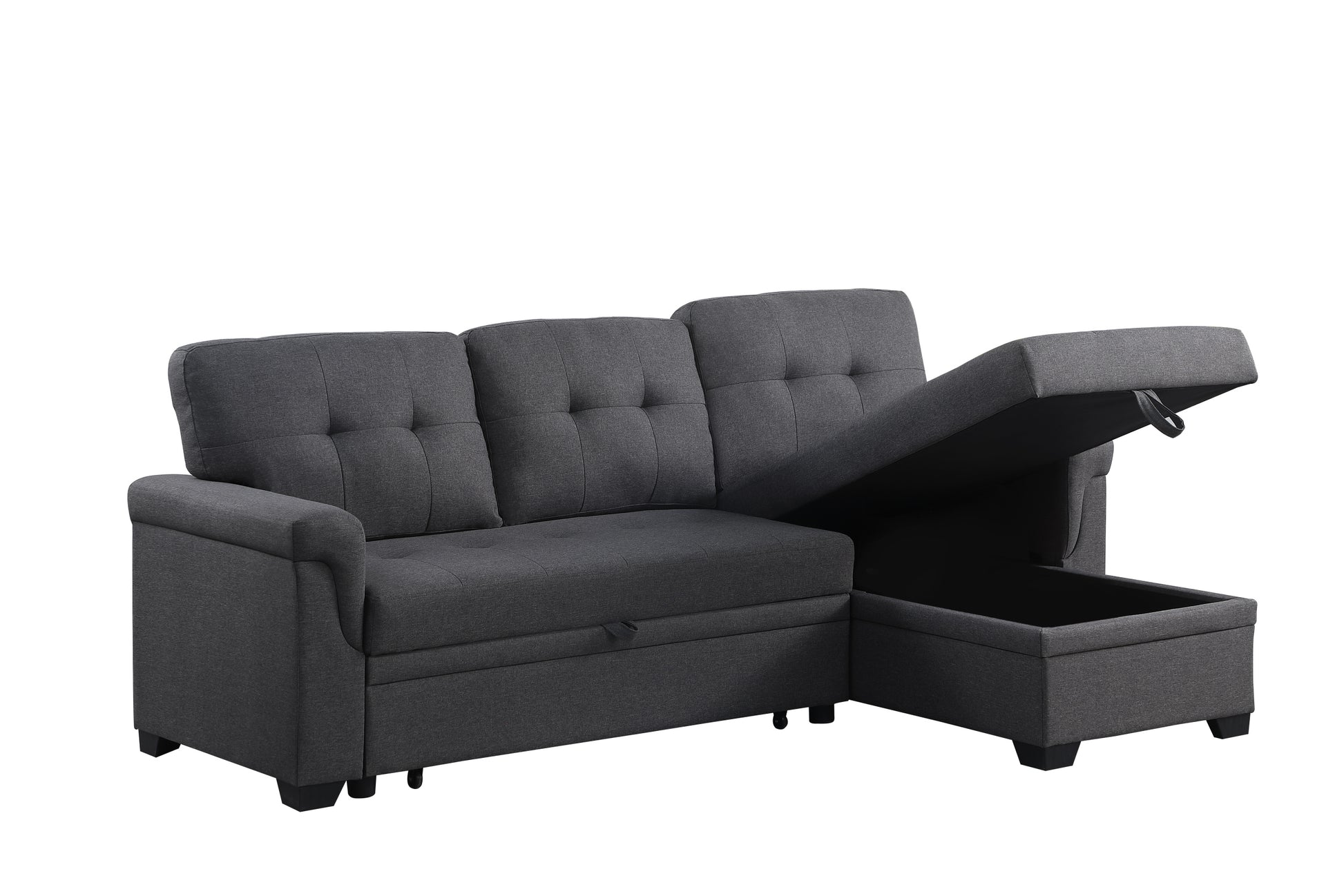 Lucca 84" Dark Gray Linen Reversible Sleeper Sectional Sofa With Storage Chaise Dark Gray Linen