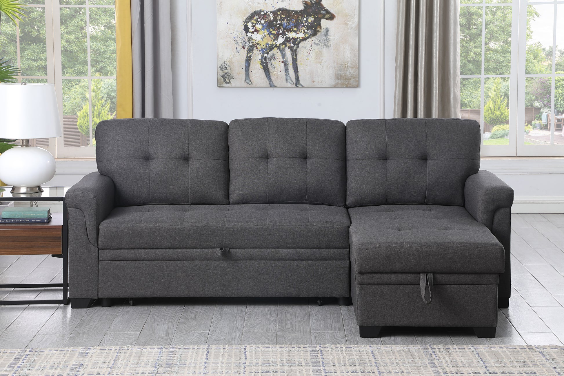 Lucca 84" Dark Gray Linen Reversible Sleeper Sectional Sofa With Storage Chaise Dark Gray Linen