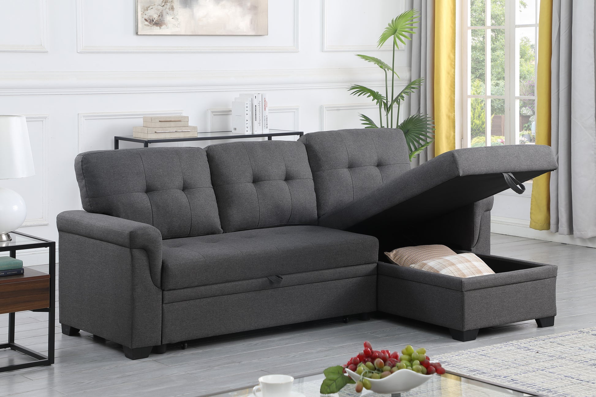 Lucca 84" Dark Gray Linen Reversible Sleeper Sectional Sofa With Storage Chaise Dark Gray Linen